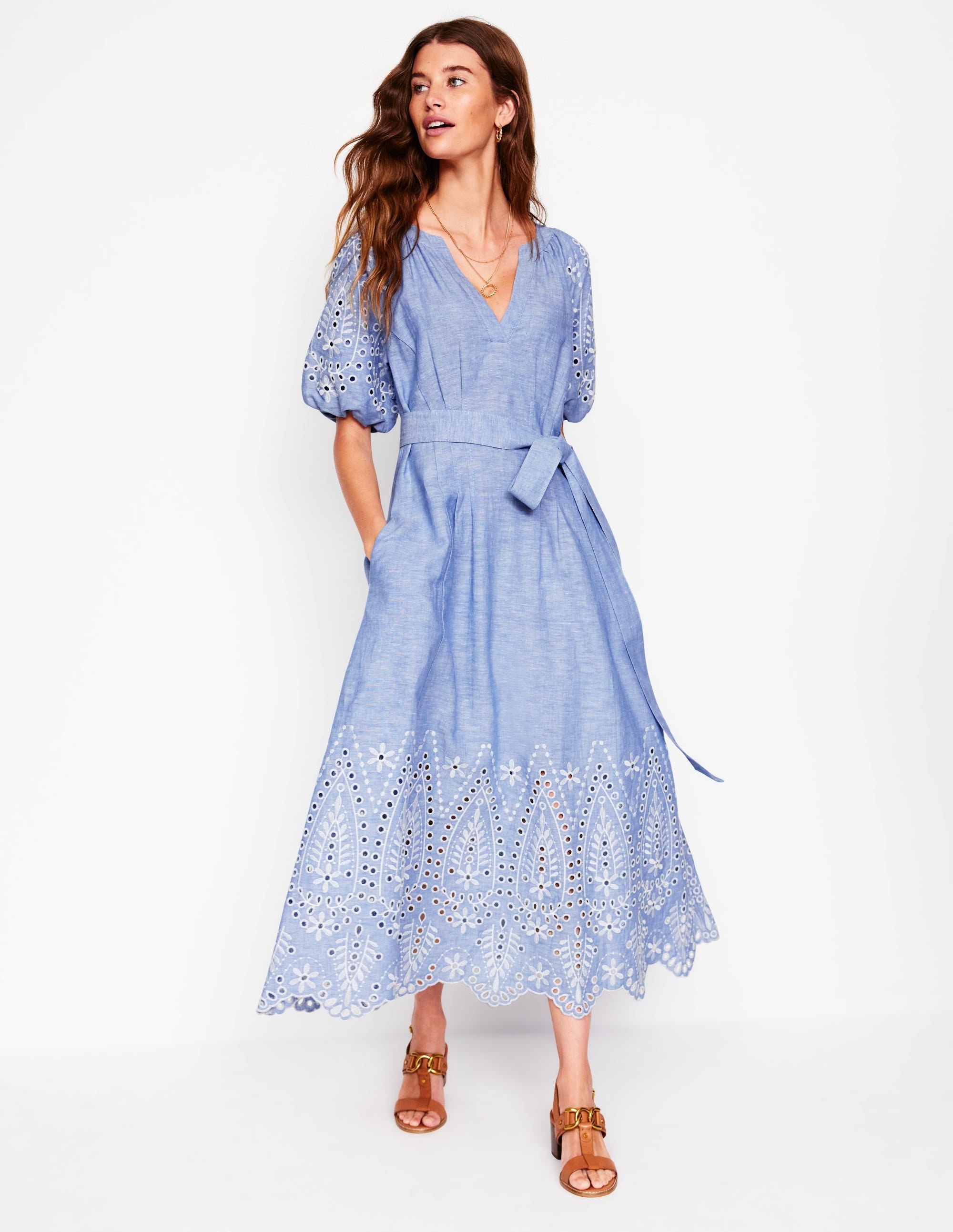 Puff Sleeve Embroidered Dress-Grey Blue Chambray - Image 4