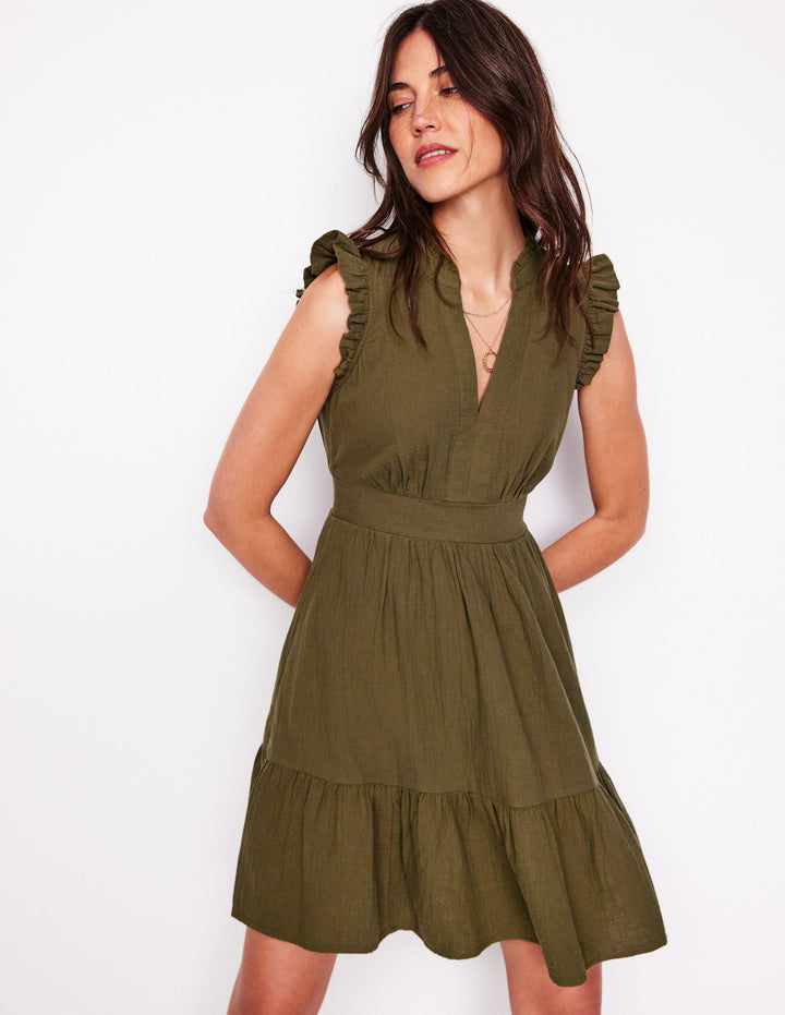 Wren Double Cloth Short Dress-Woodland Green