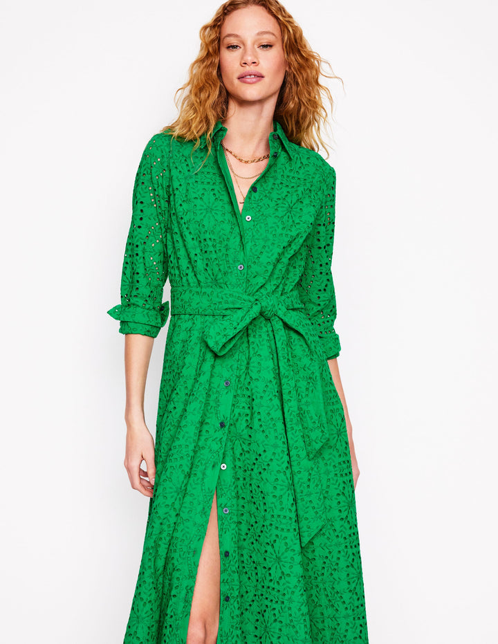 Amy Broderie Midi Shirt Dress-Rich Emerald