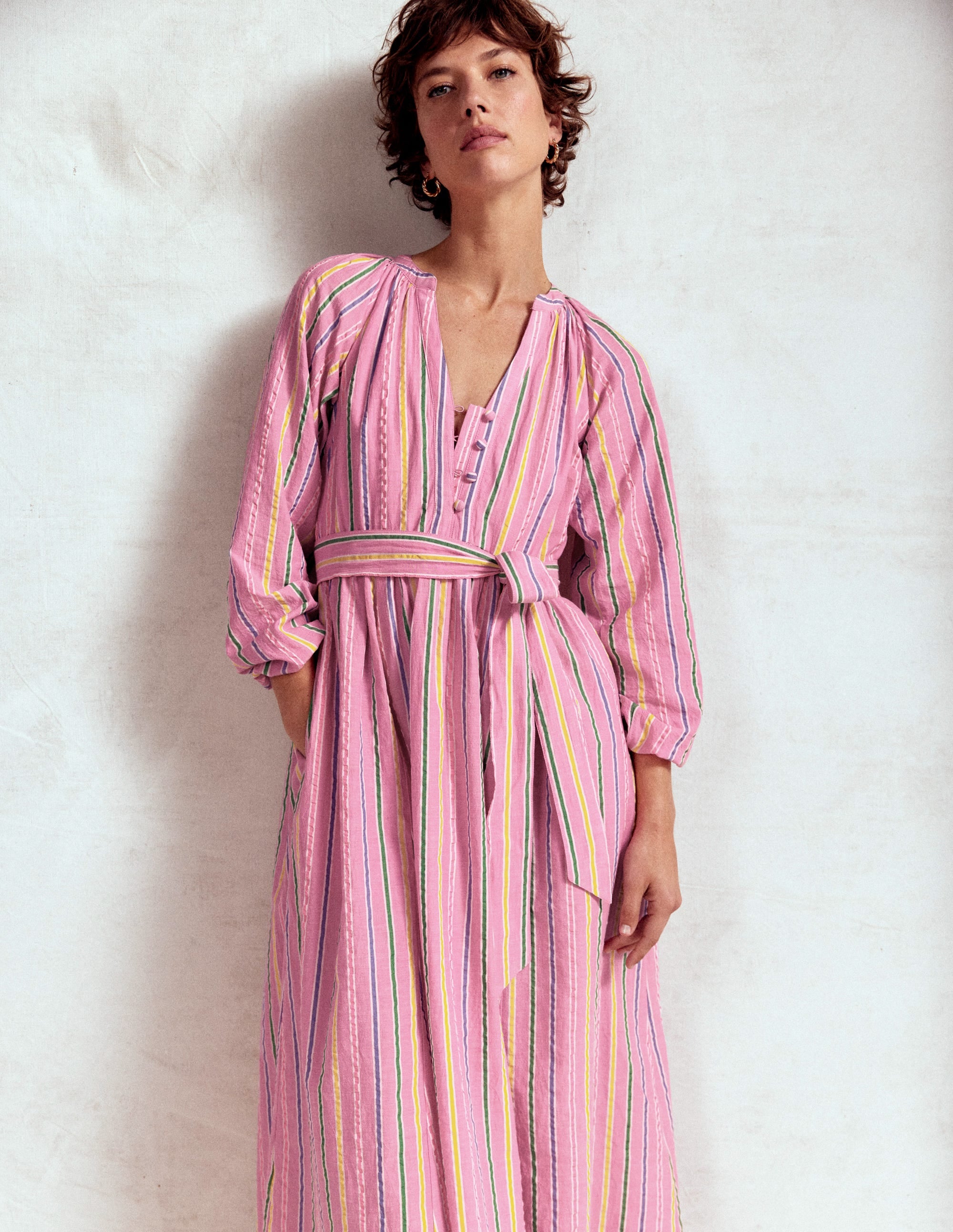 Faye Cotton Maxi Dress-Sorbet Pink, Seersucker Stripe - Image 1