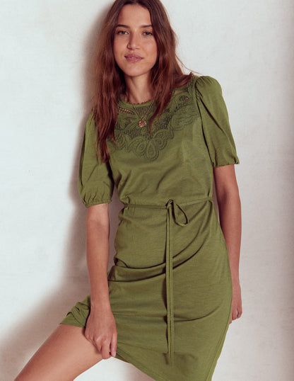 Cutwork Detail Short Dress-Woodland Green-2