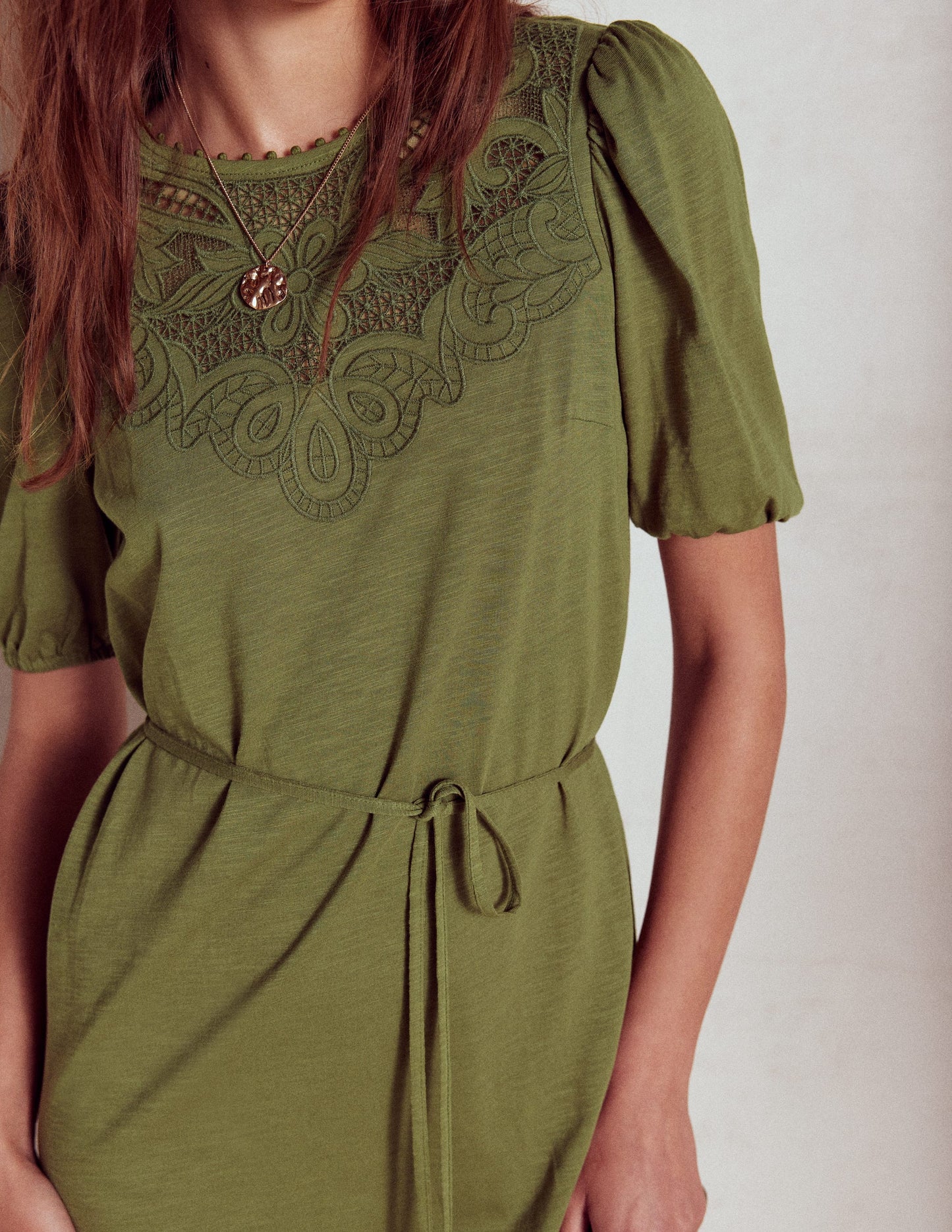 Cutwork Detail Short Dress-Woodland Green