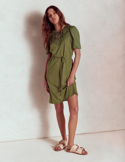 Cutwork Detail Short Dress-Woodland Green-6