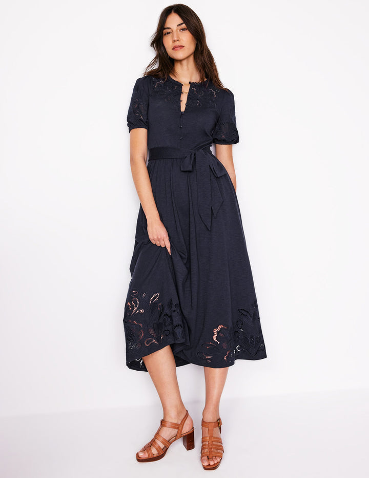 Cutwork Detail Midi Dress-Navy