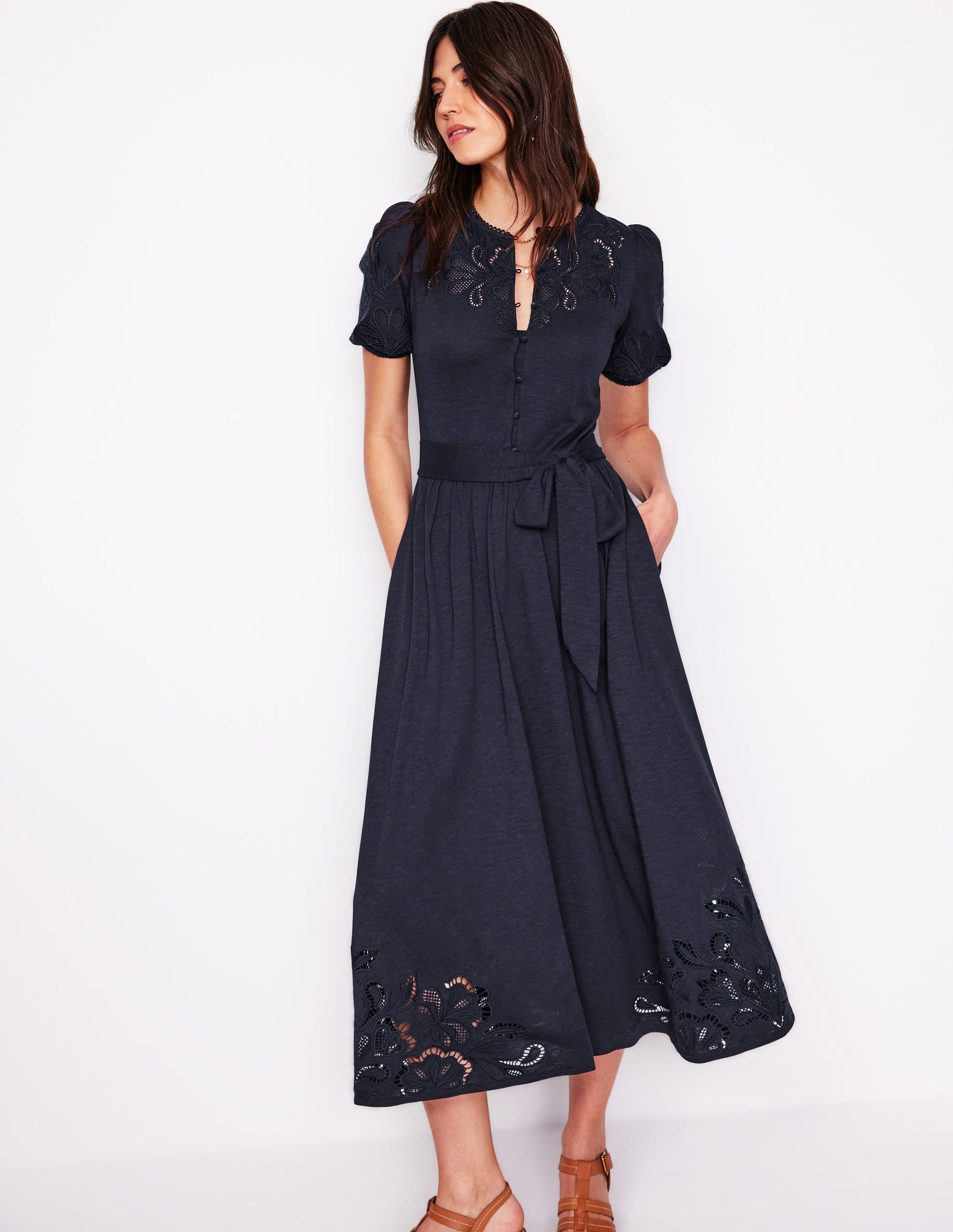 Cutwork Detail Midi Dress-Navy - Image 4