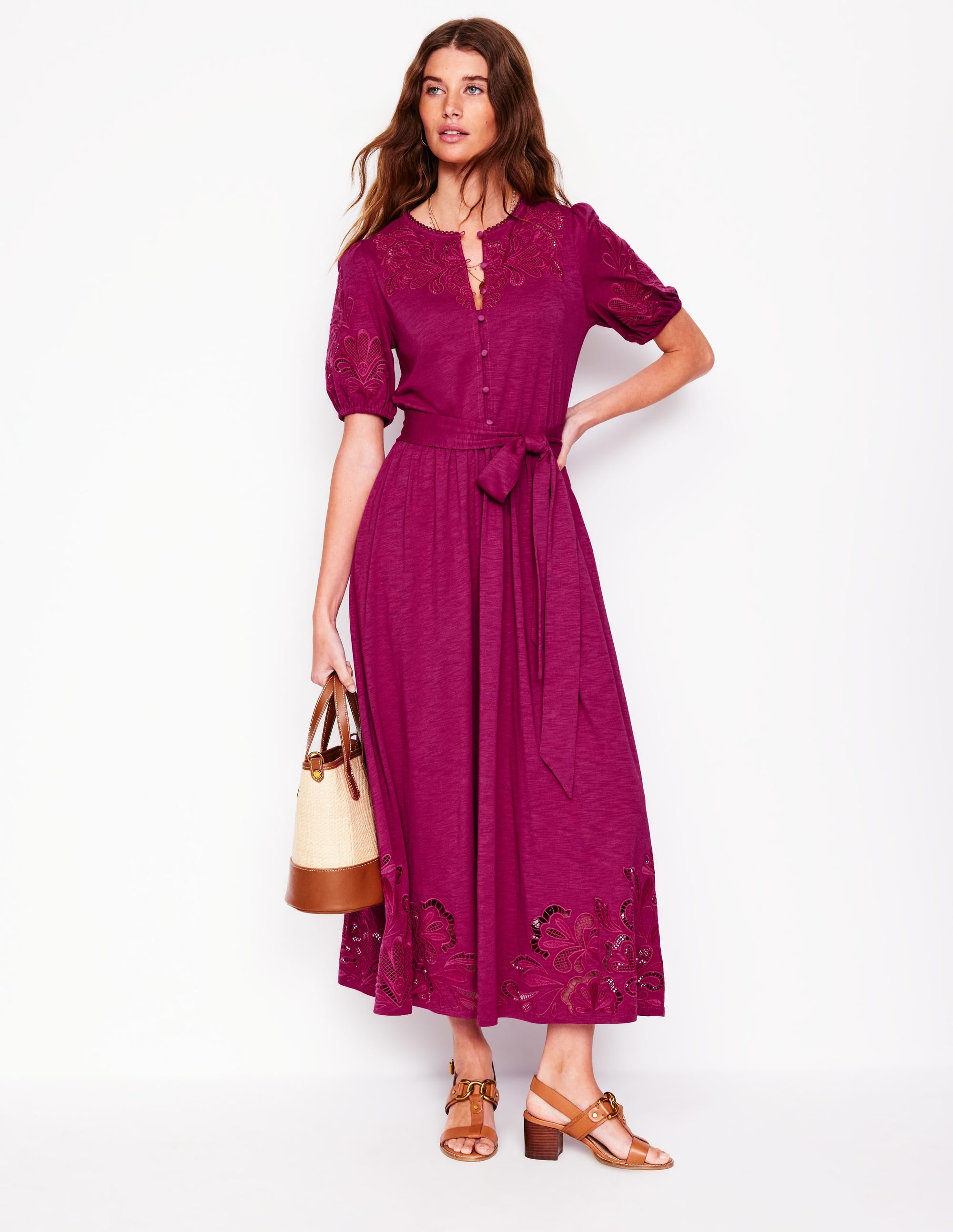 Cutwork Detail Midi Dress-Rich Magenta - Image 1