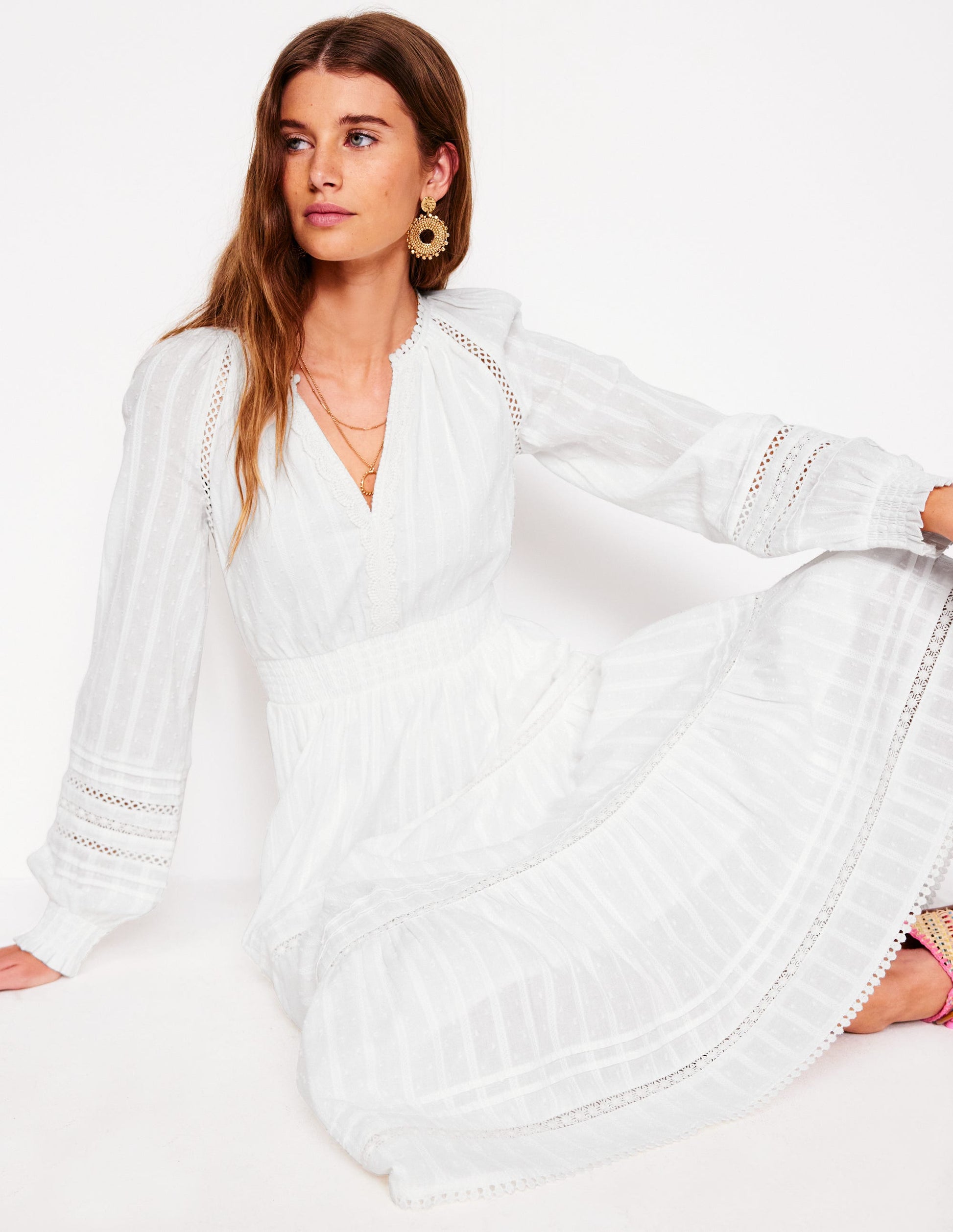 Ruffle Smocked Cotton Dress-White-1