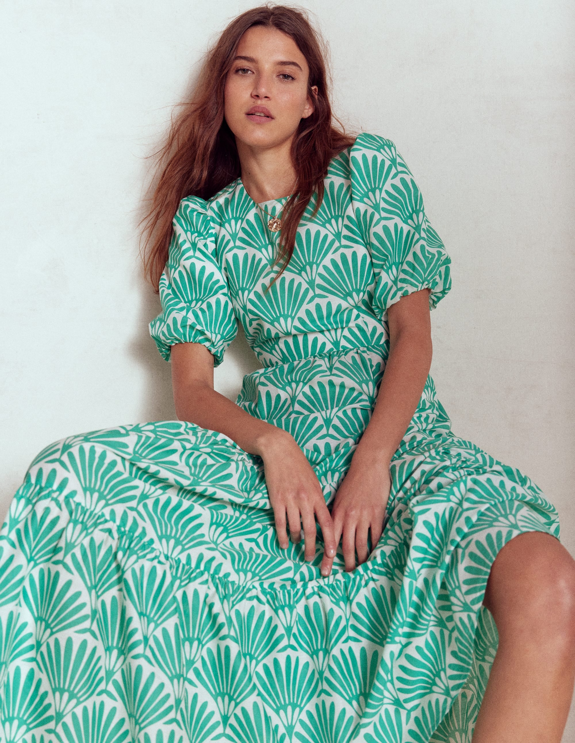 Tiered Poplin Maxi Dress-Aquamarine Blue, Deco Palm - Image 1