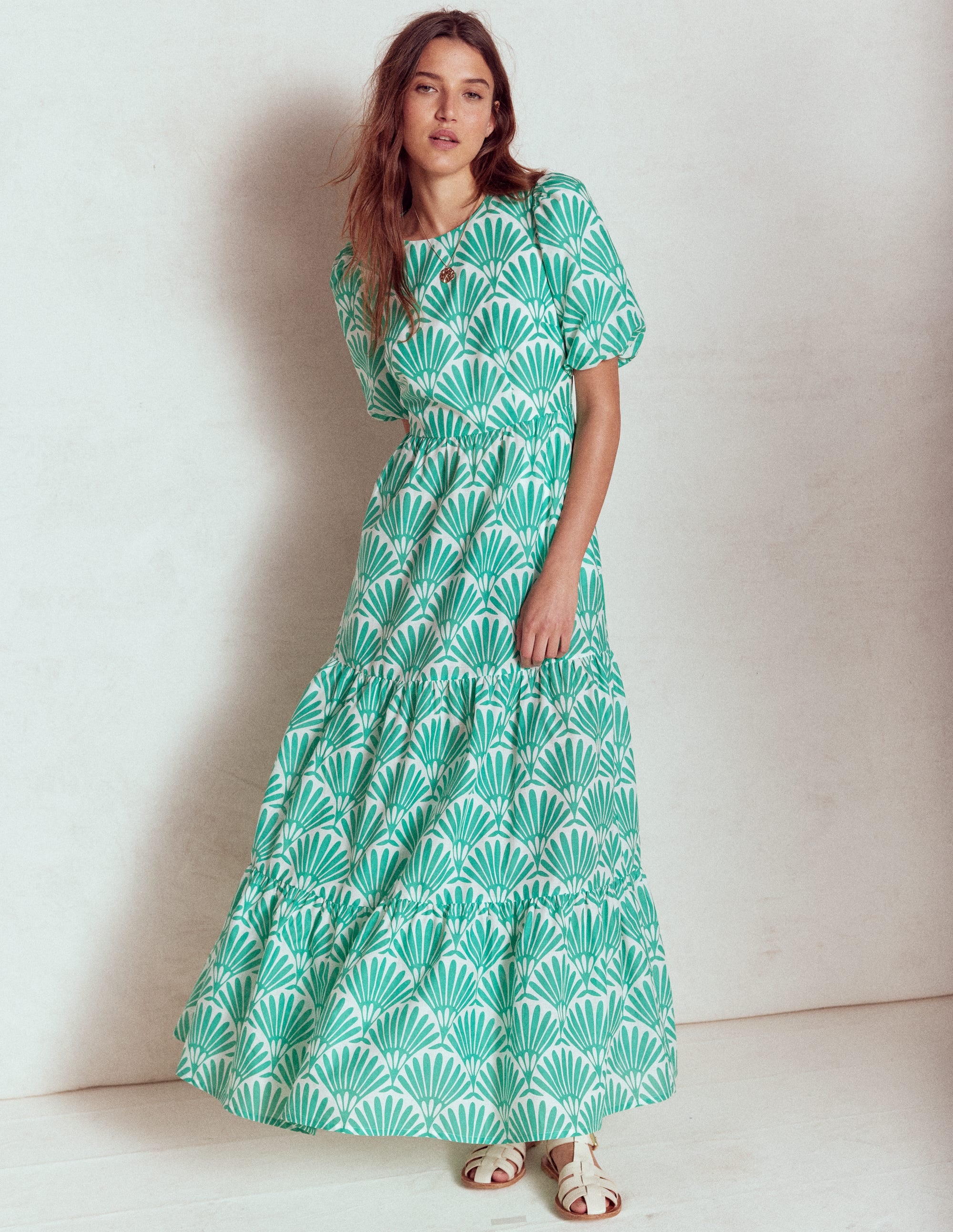 Tiered Poplin Maxi Dress-Aquamarine Blue, Deco Palm - Image 4