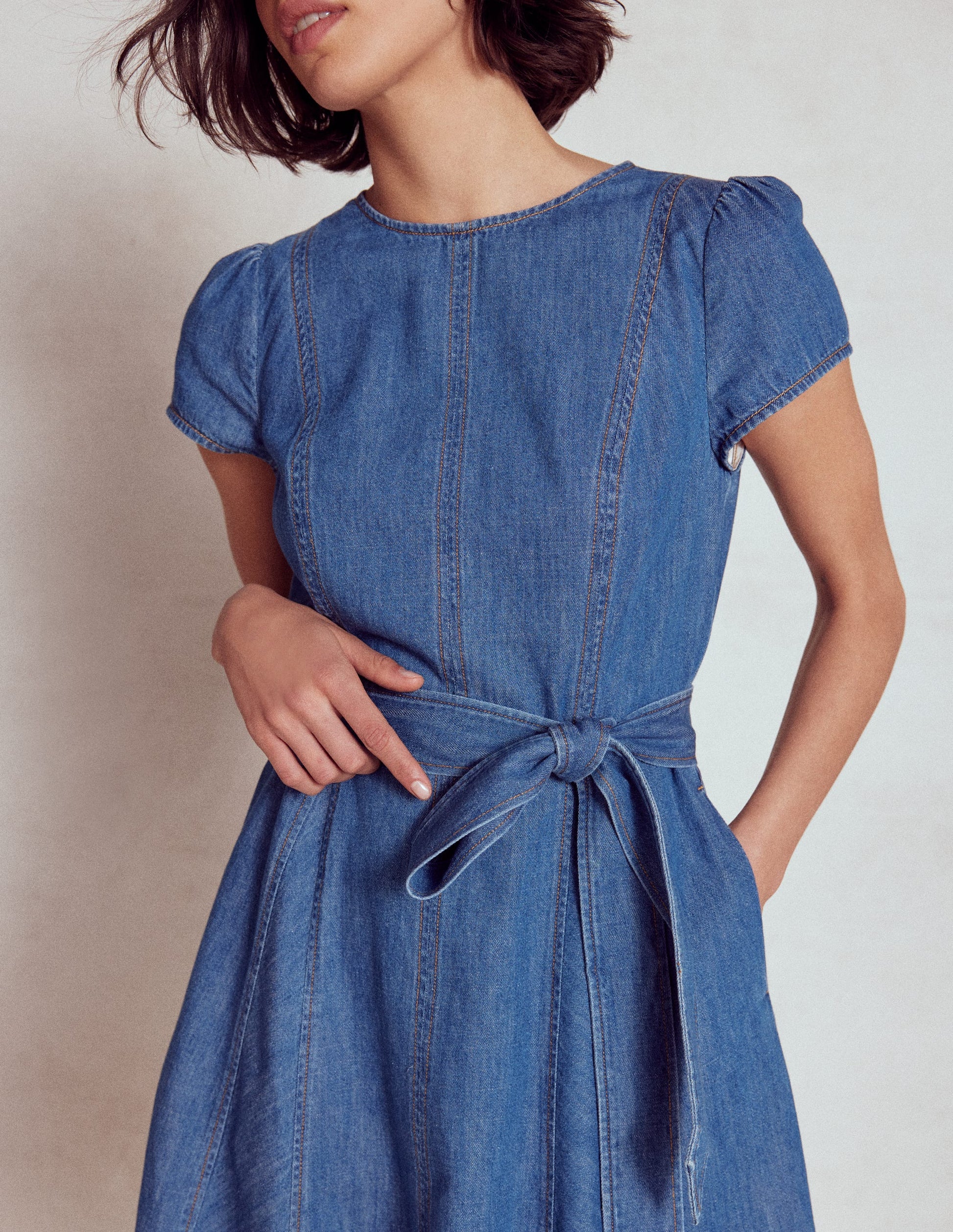 Imo Denim Godet Short Dress-Mid Vintage Denim-3