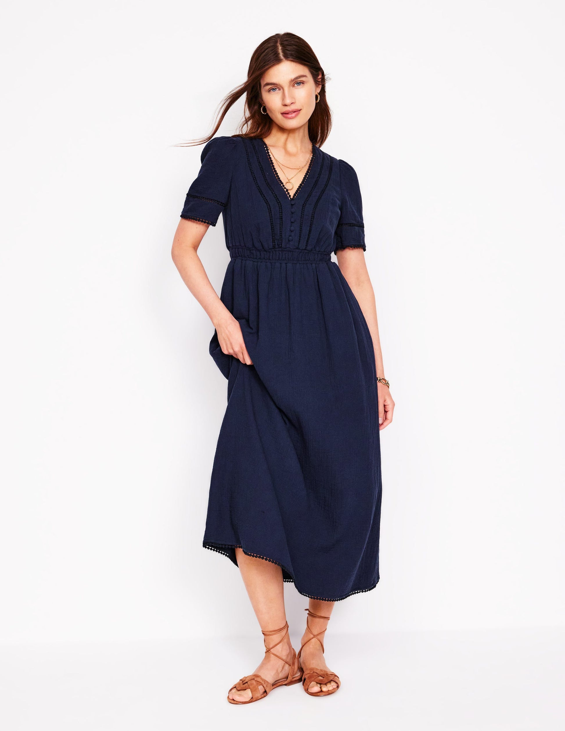 Trim Double Cloth Dress-Navy-1