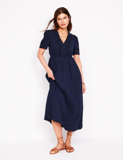Trim Double Cloth Dress-Navy-1