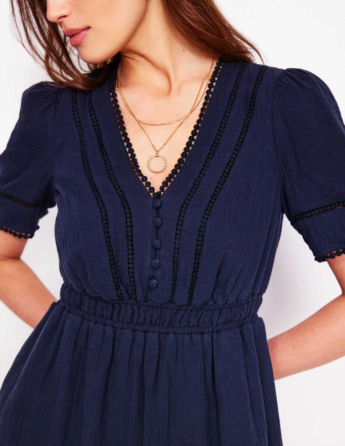 Trim Double Cloth Dress-Navy