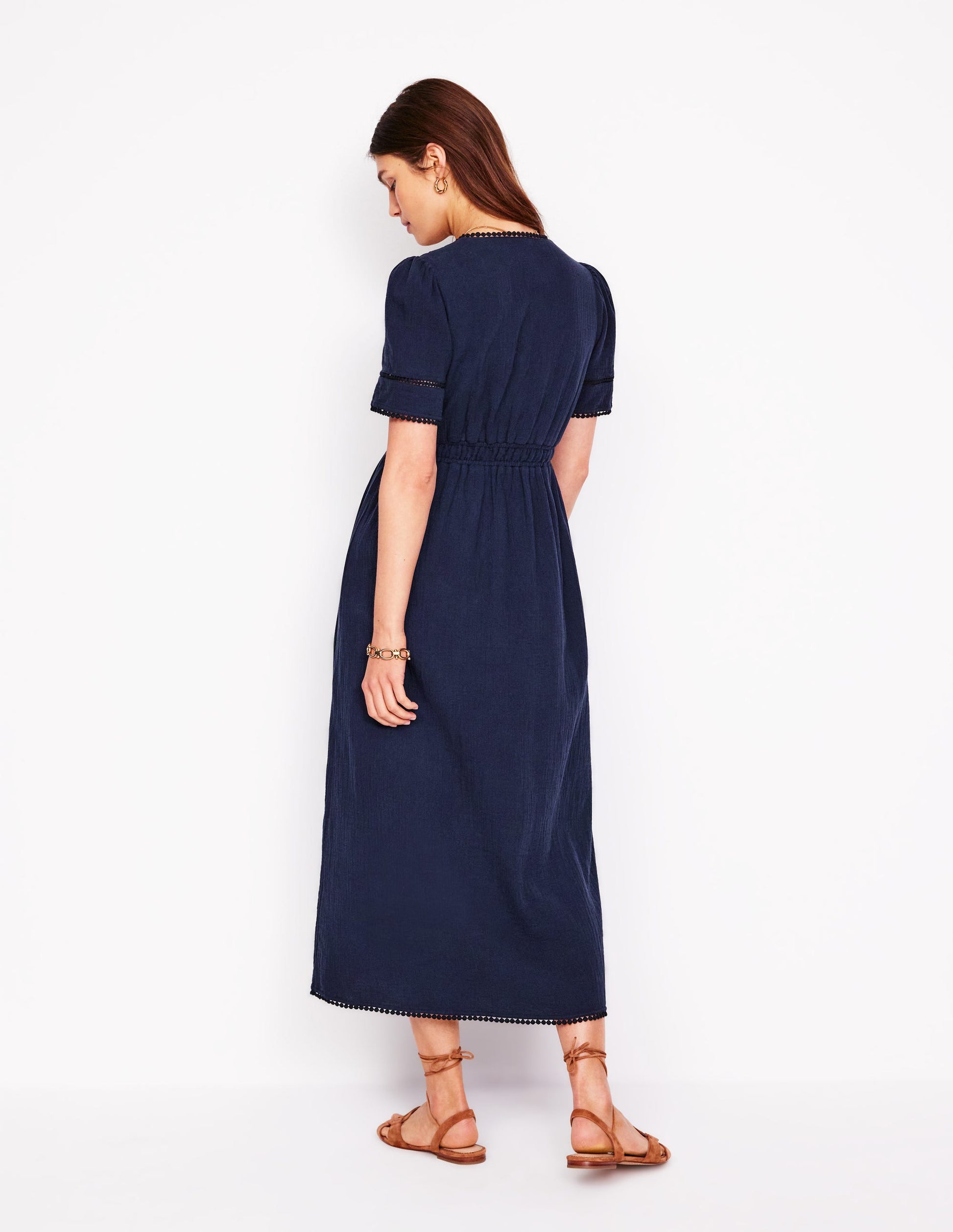 Trim Double Cloth Dress-Navy-3