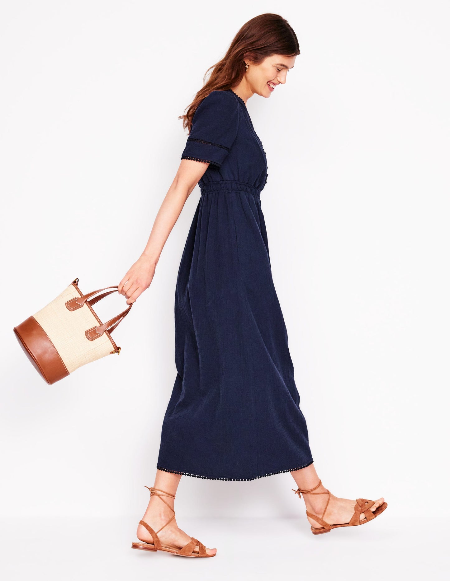 Trim Double Cloth Dress-Navy