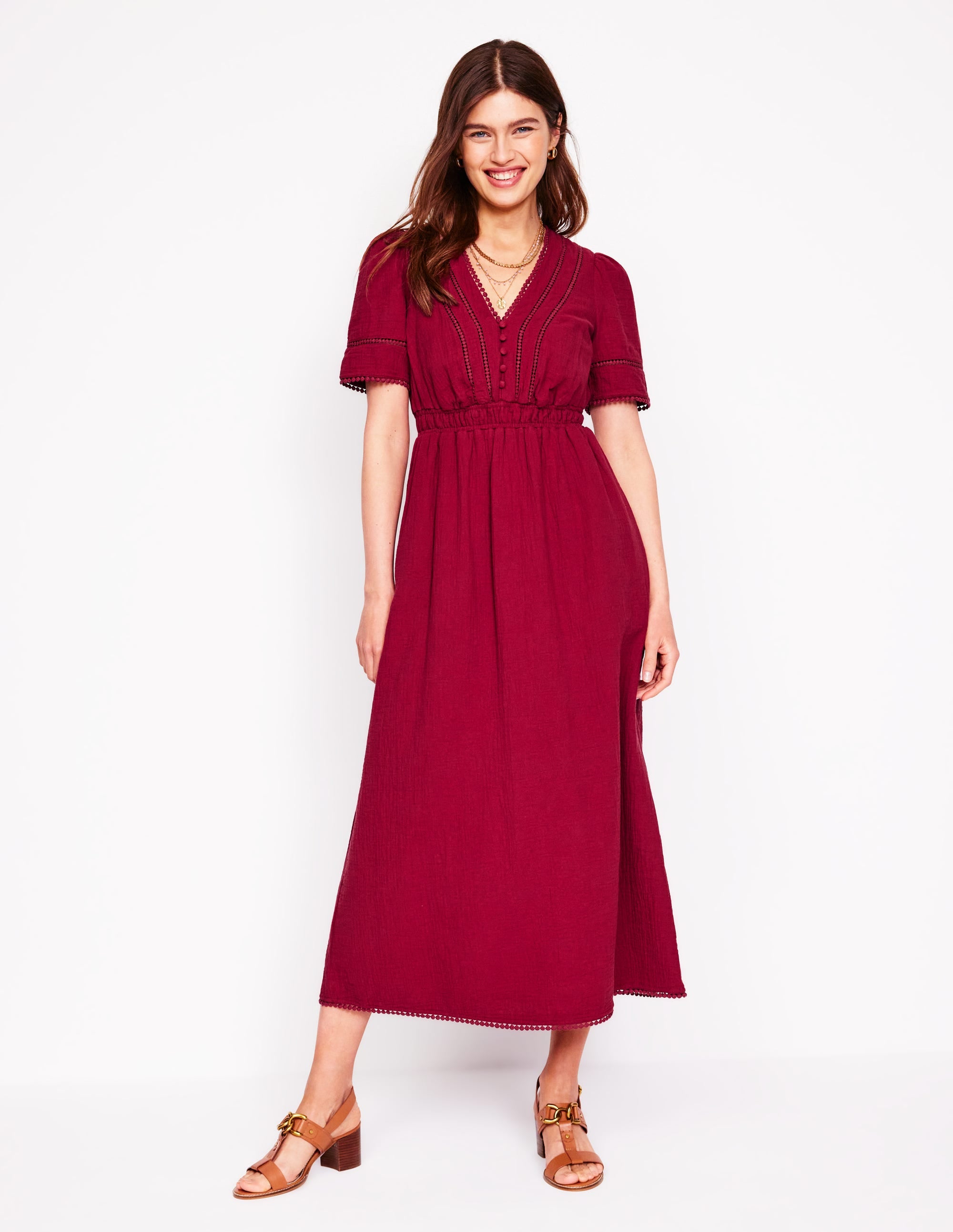 Trim Double Cloth Dress-Garnet Red - Image 1