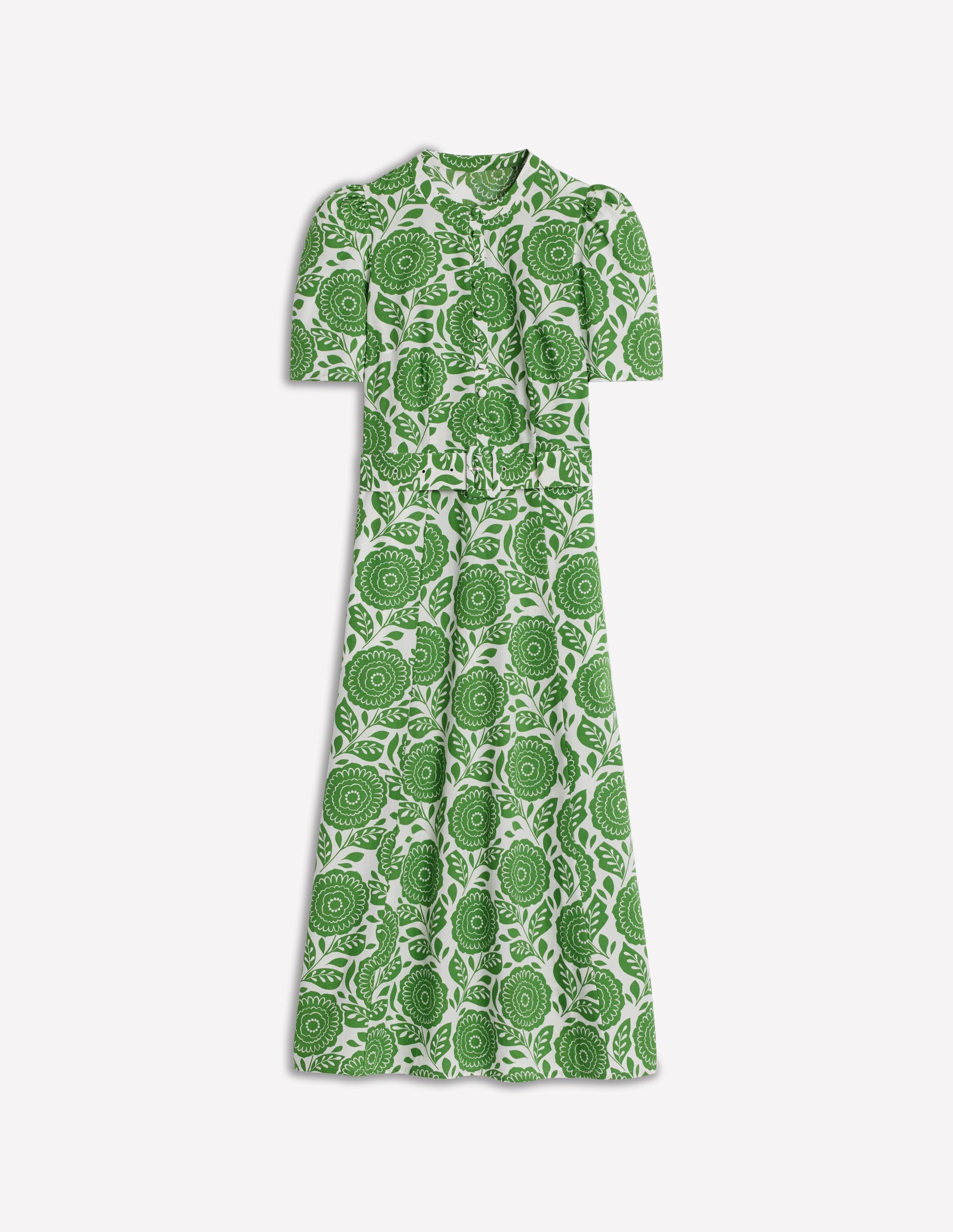 Kate Puff Sleeve Belted Dress-Paradise Green, Dahlia Stamp - Image 6