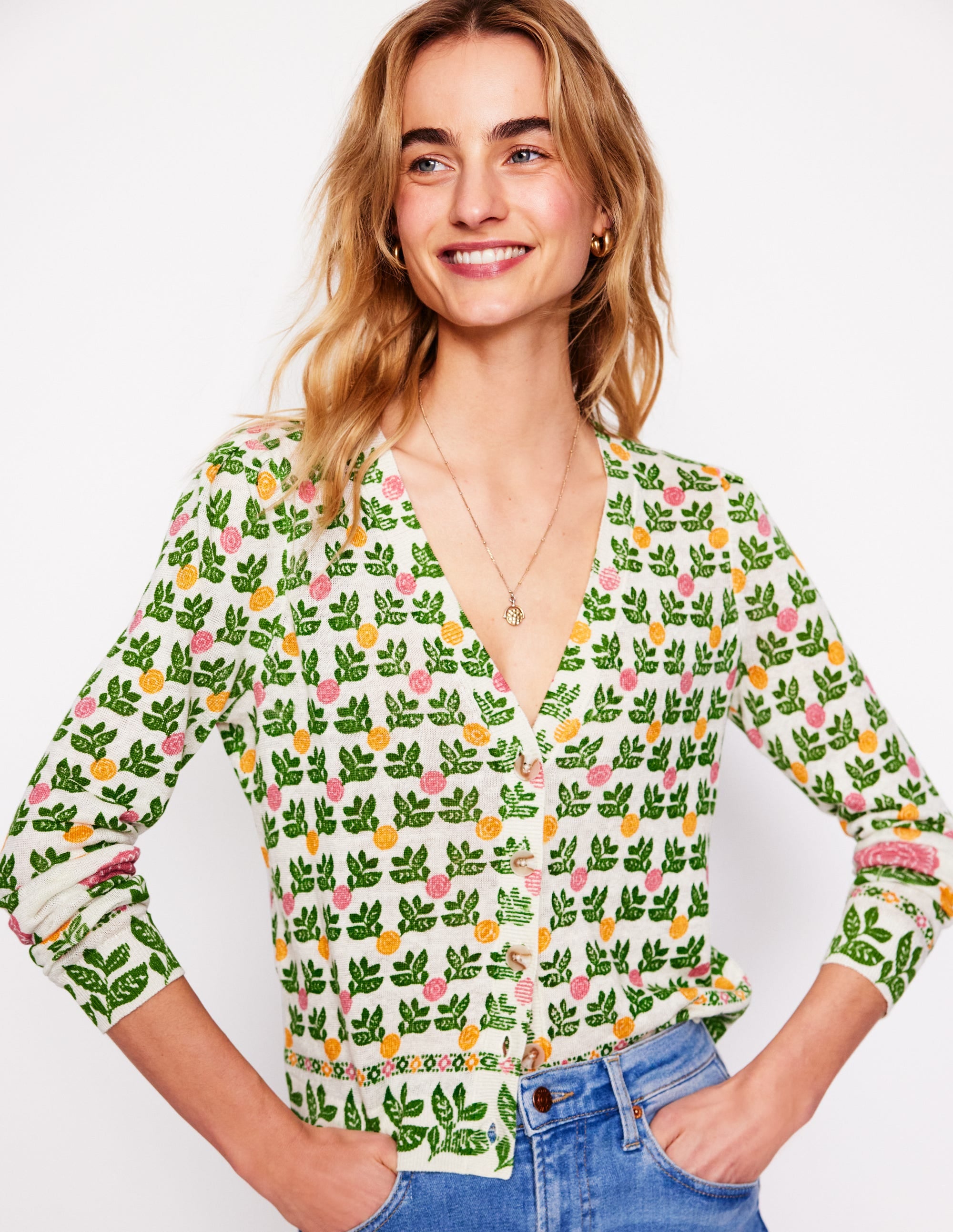 Liv V-Neck Linen Cardigan-Warm Ivory, Dahlia Garden - Image 2