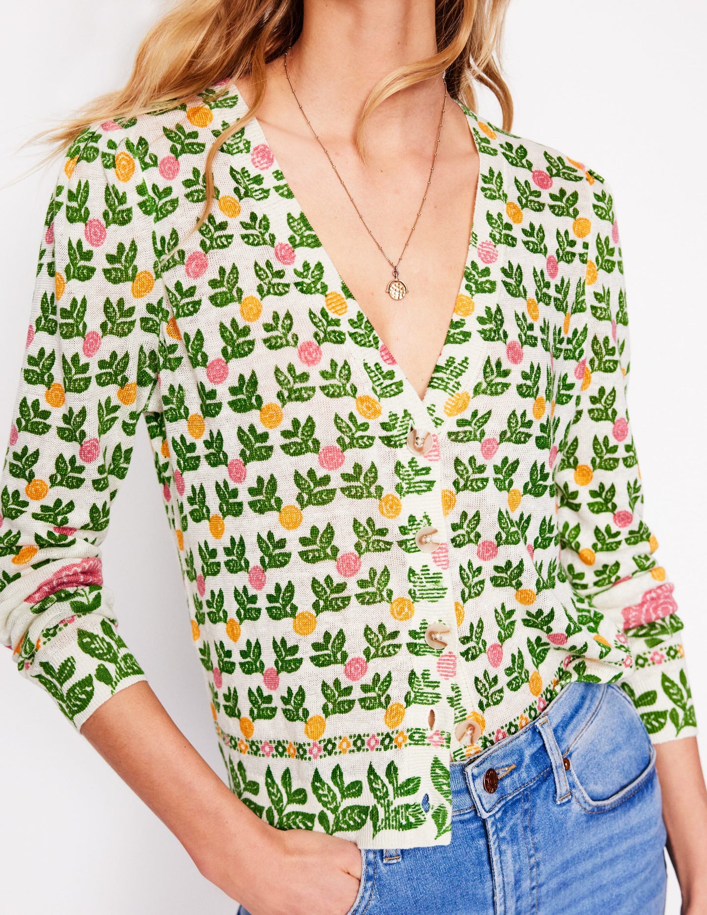 Liv V-Neck Linen Cardigan-Warm Ivory, Dahlia Garden