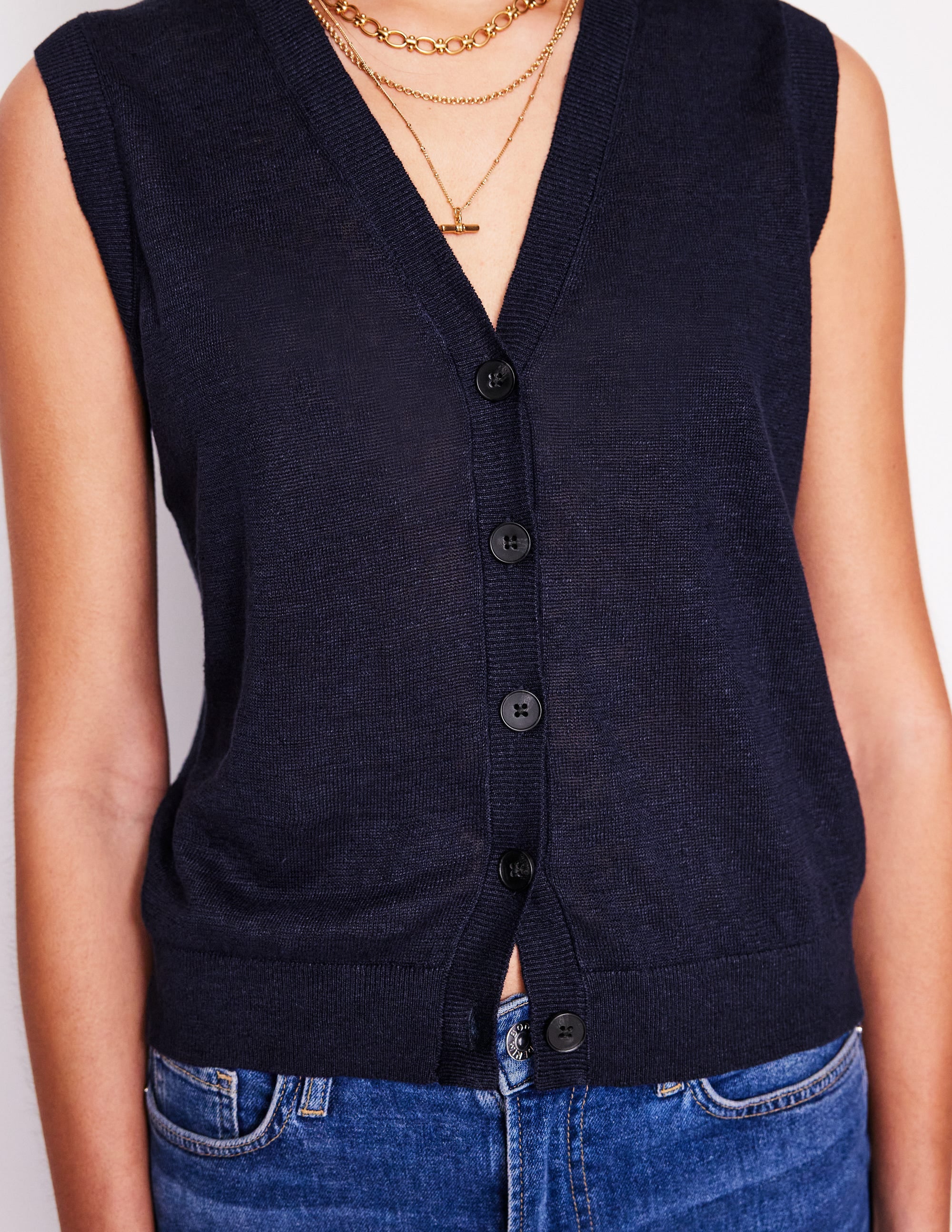 V-Neck Linen Waistcoat-Navy - Image 2