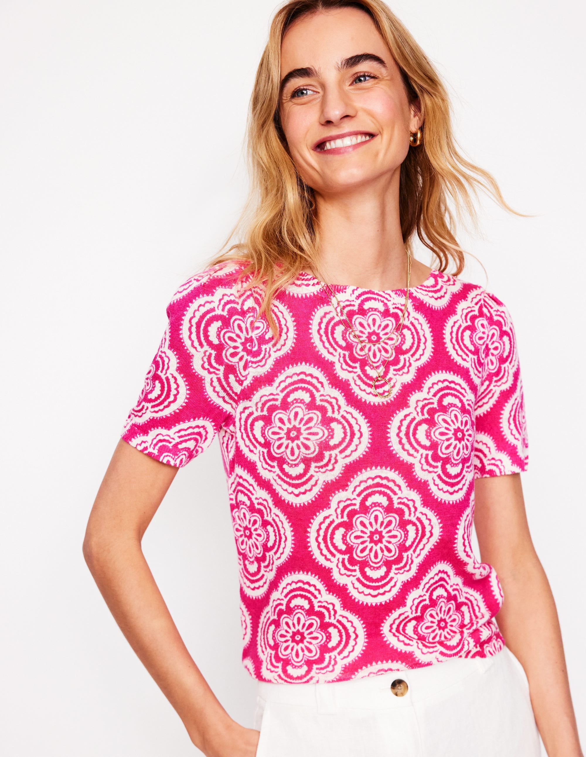 Liv Boat Neck Linen T-Shirt-Pink Peony, Botanic Blush - Image 1