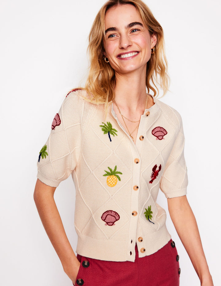 Embroidered T-Shirt Cardigan-Warm Ivory, Tropical Bonanza