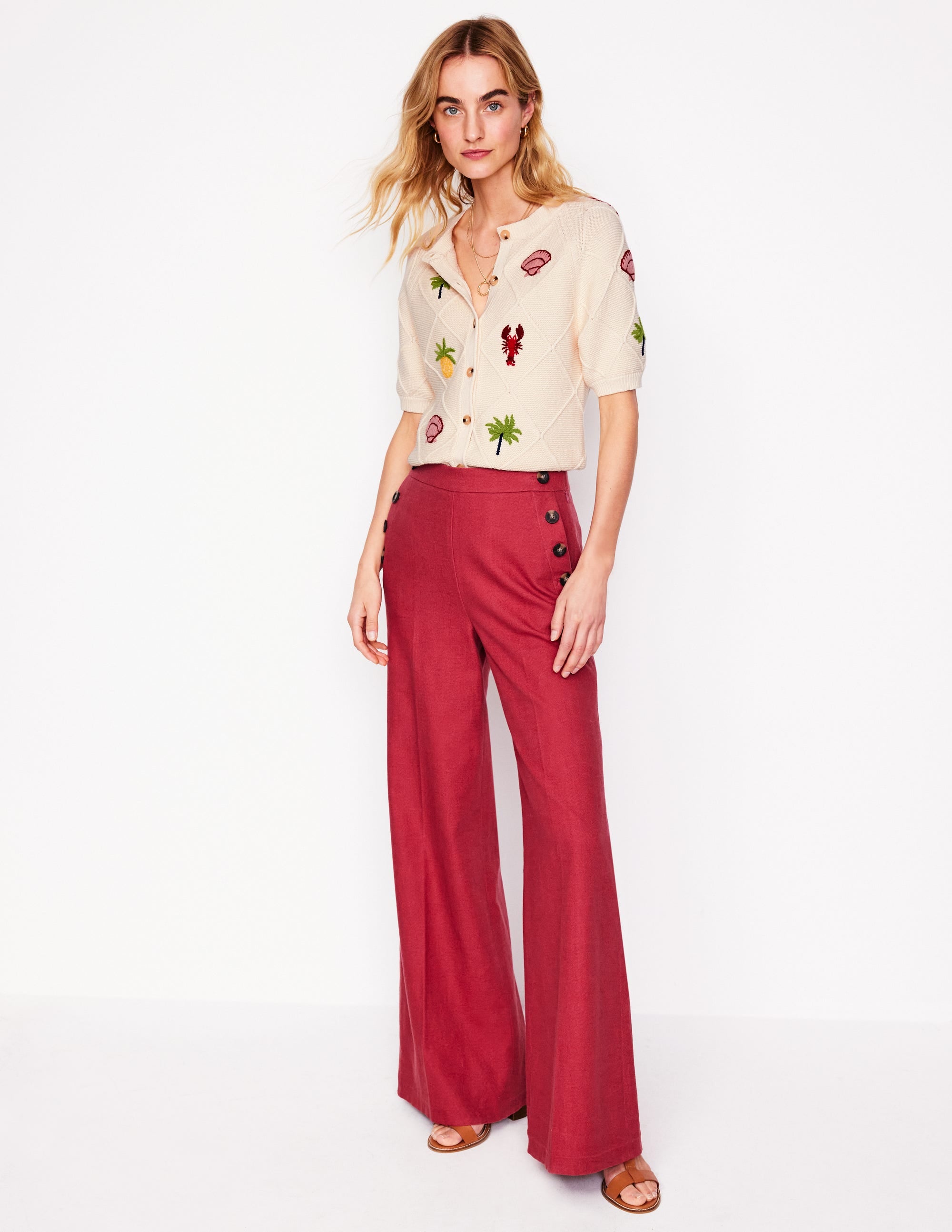 Embroidered T-Shirt Cardigan-Warm Ivory, Tropical Bonanza - Image 4