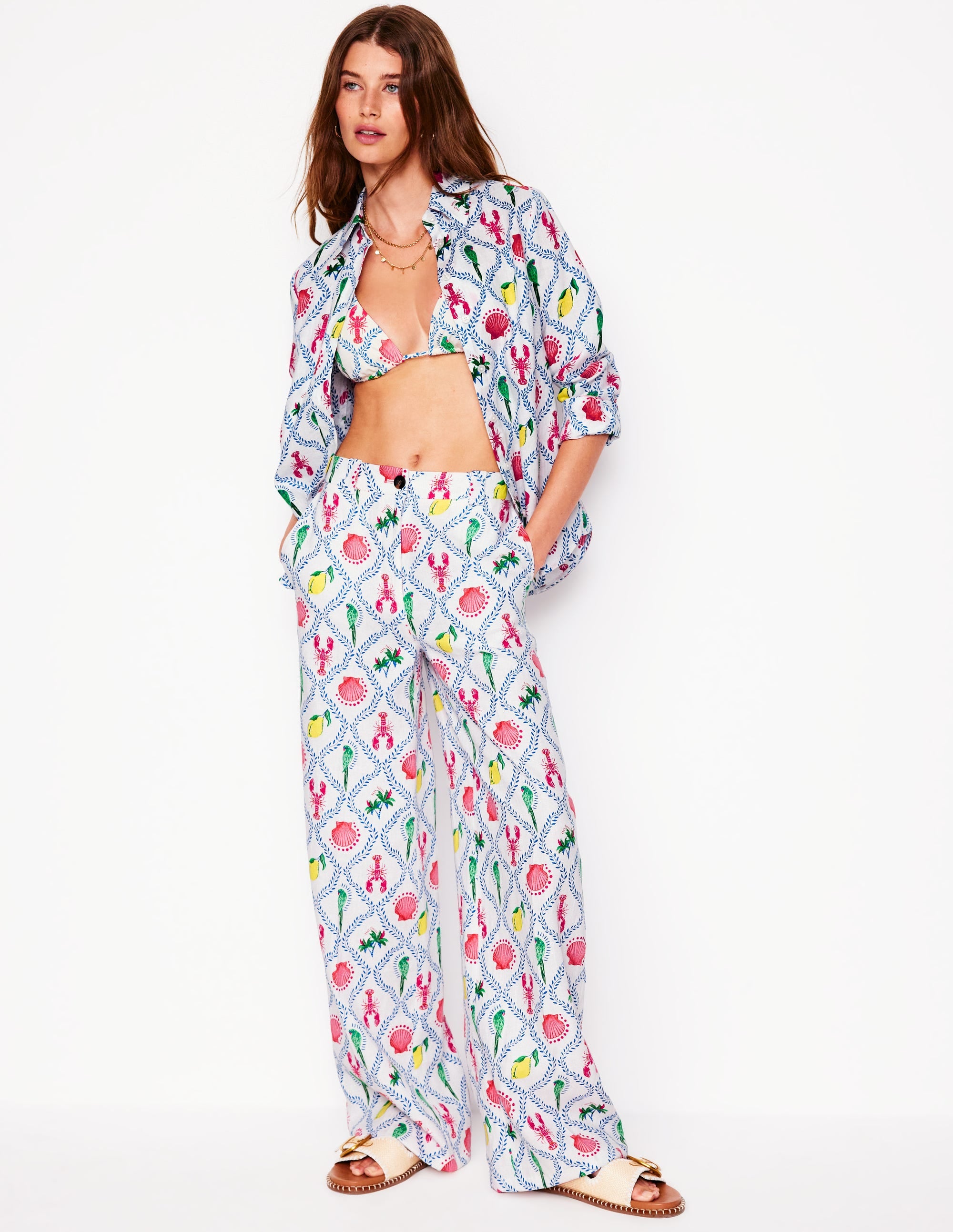 Westbourne Linen Pants-Ivory, Tropical Bonanza Vine - Image 1