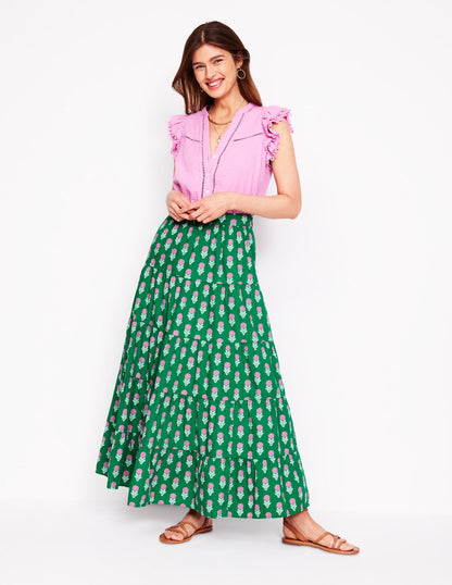 Nadia Poplin Maxi Skirt-Green Stamp, Dahlia Sprig-1