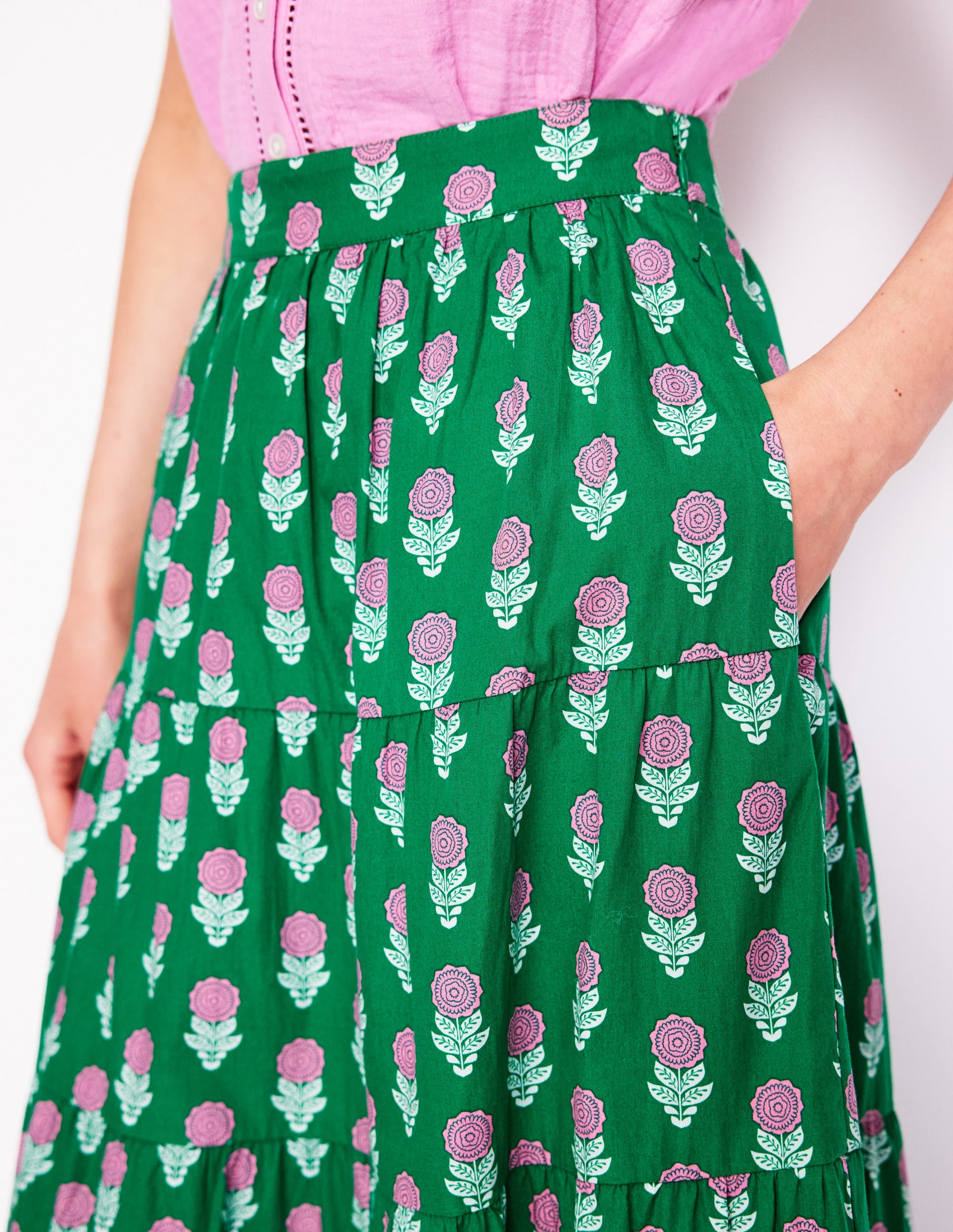 Nadia Poplin Maxi Skirt-Green Stamp, Dahlia Sprig - Image 2