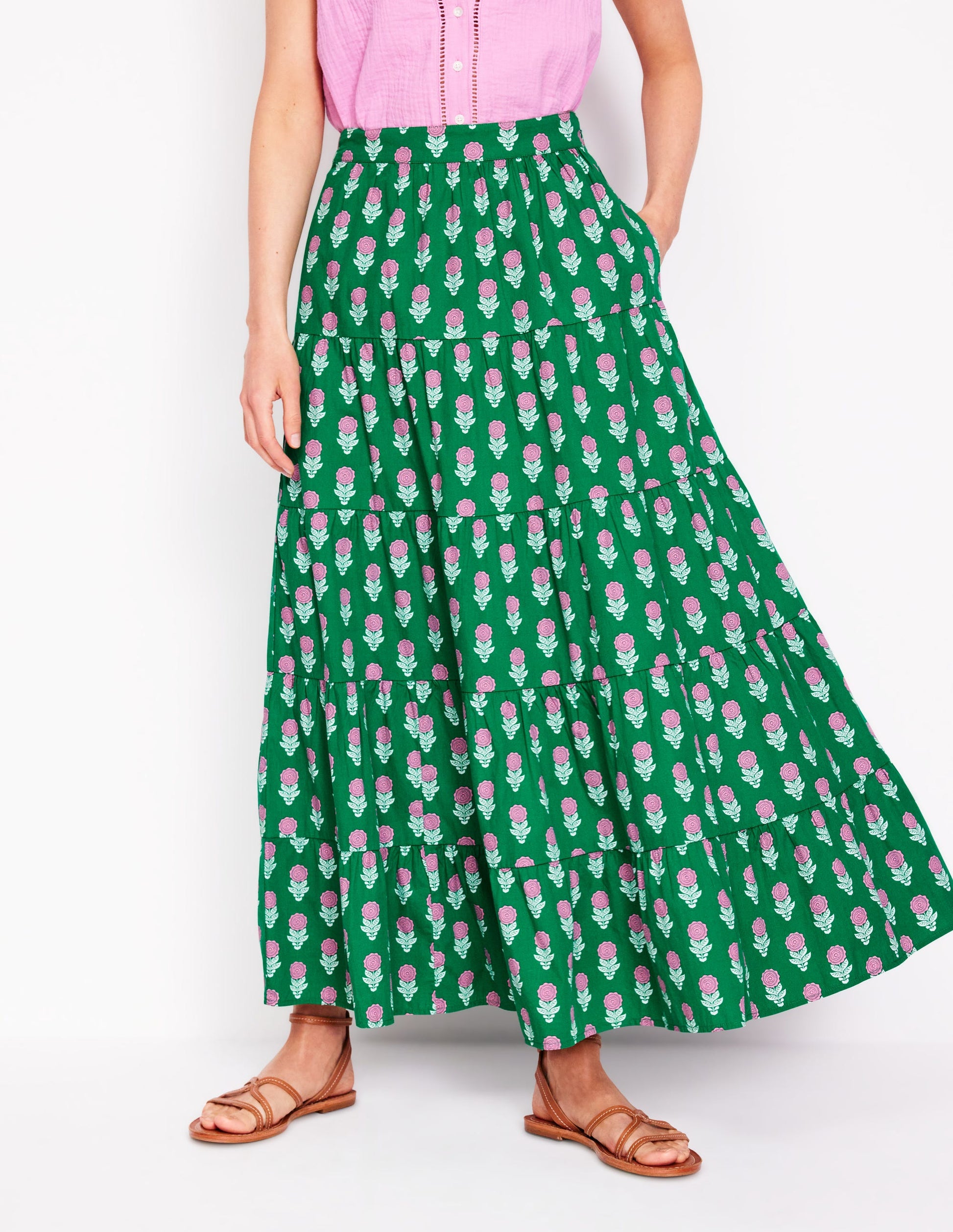 Nadia Poplin Maxi Skirt-Green Stamp, Dahlia Sprig-4