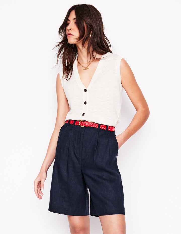 Pleat Linen Wide Leg Shorts-Navy