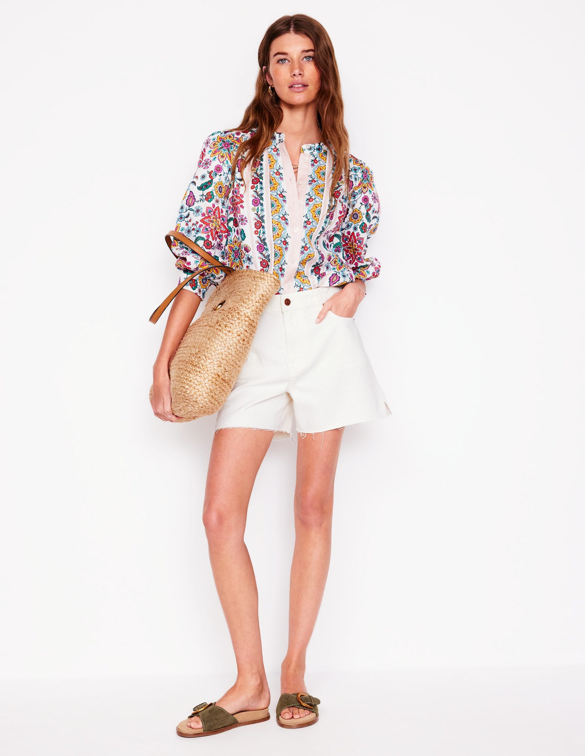 Cut Off Denim Shorts-White-1