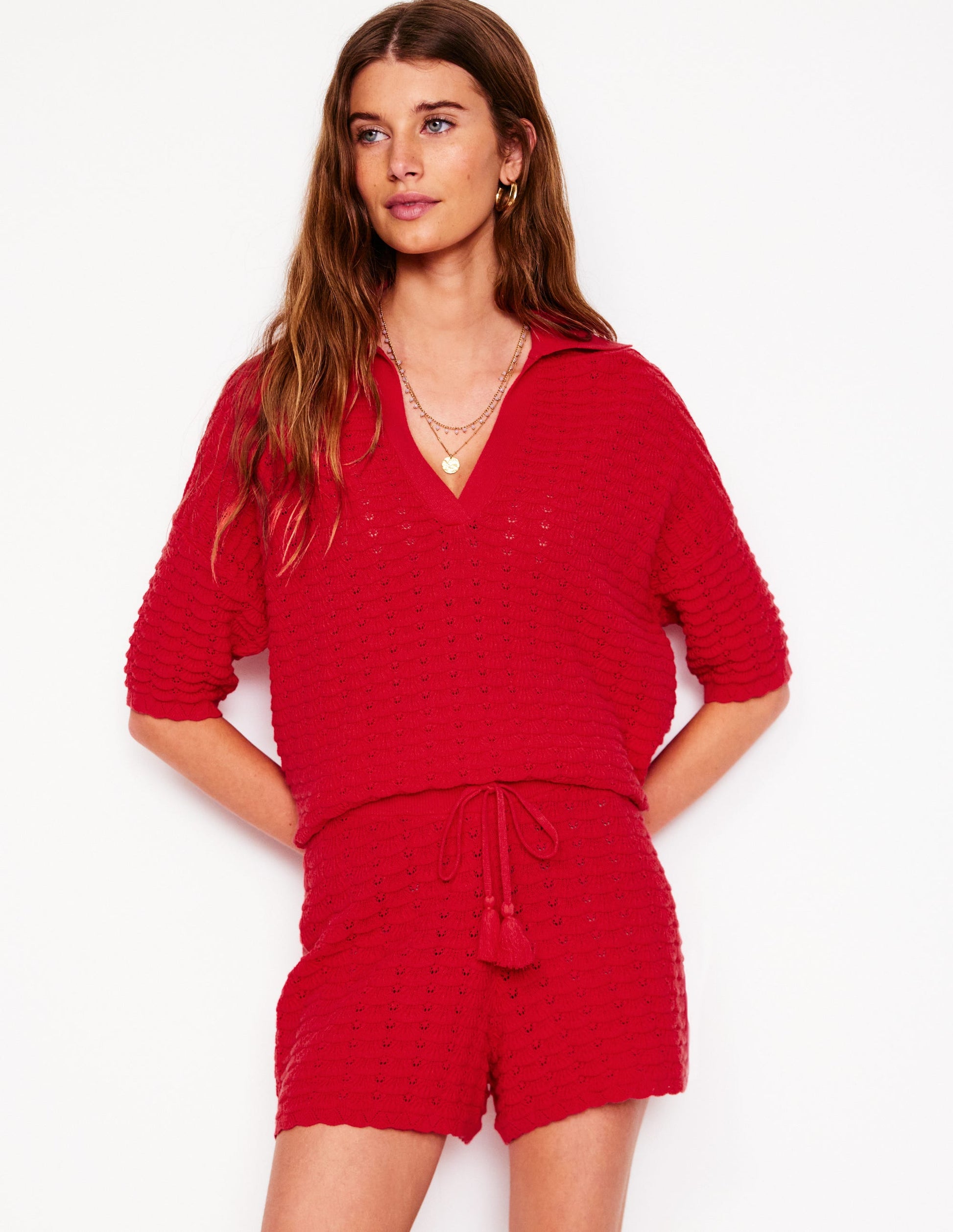 Textured Knitted Shorts-Strawberry Tart Red-1