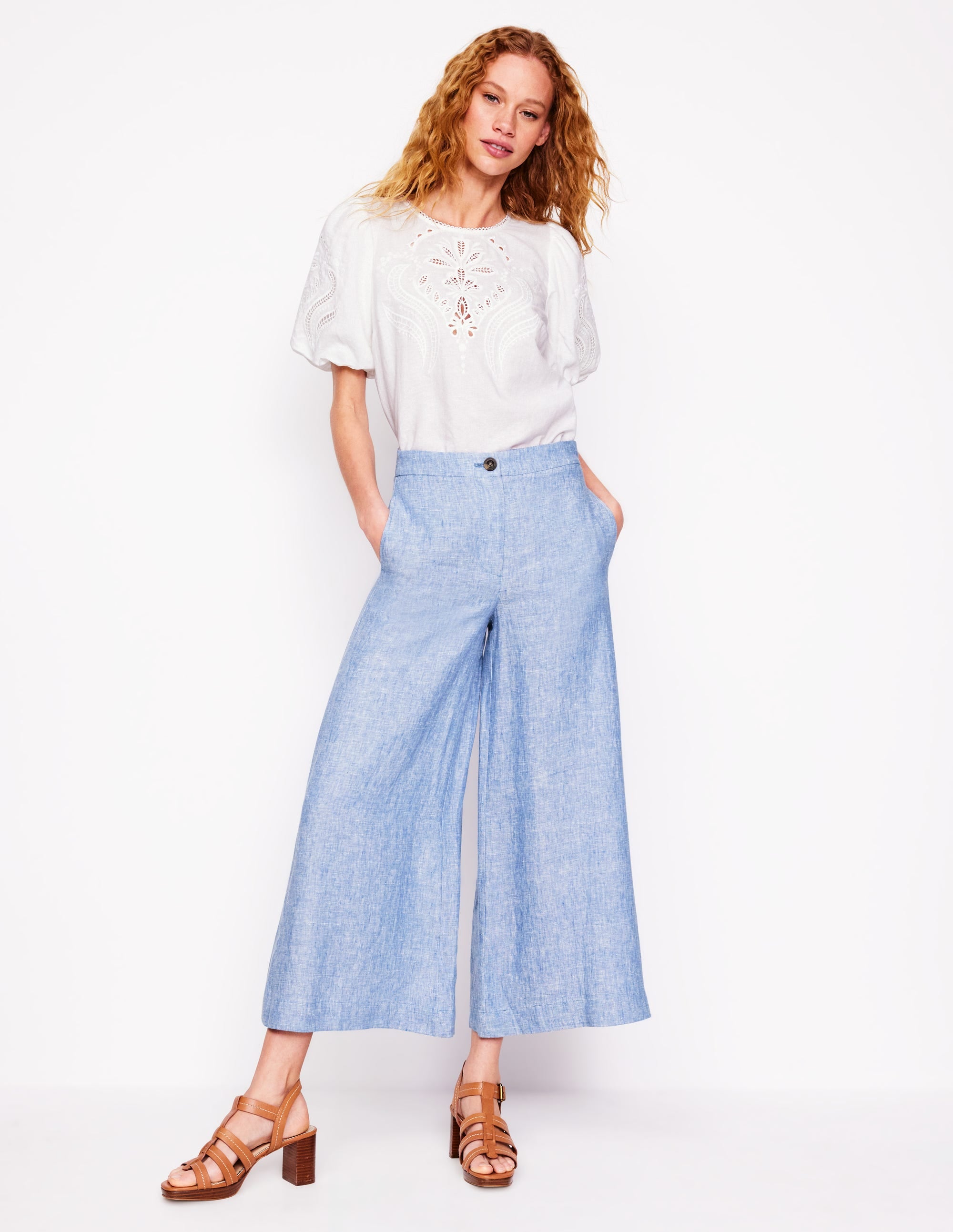 Wide Crop Linen Pants-Grey Blue Chambray - Image 1