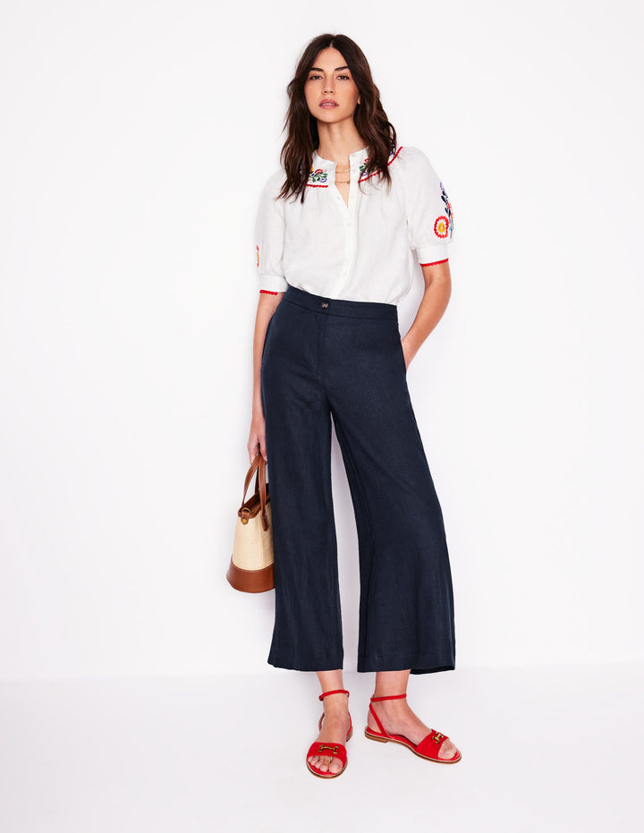 Wide Crop Linen Pants-Navy