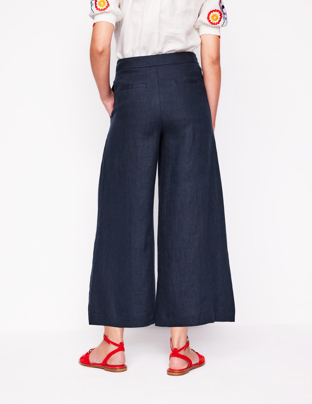 Wide Crop Linen Pants-Navy - Image 4