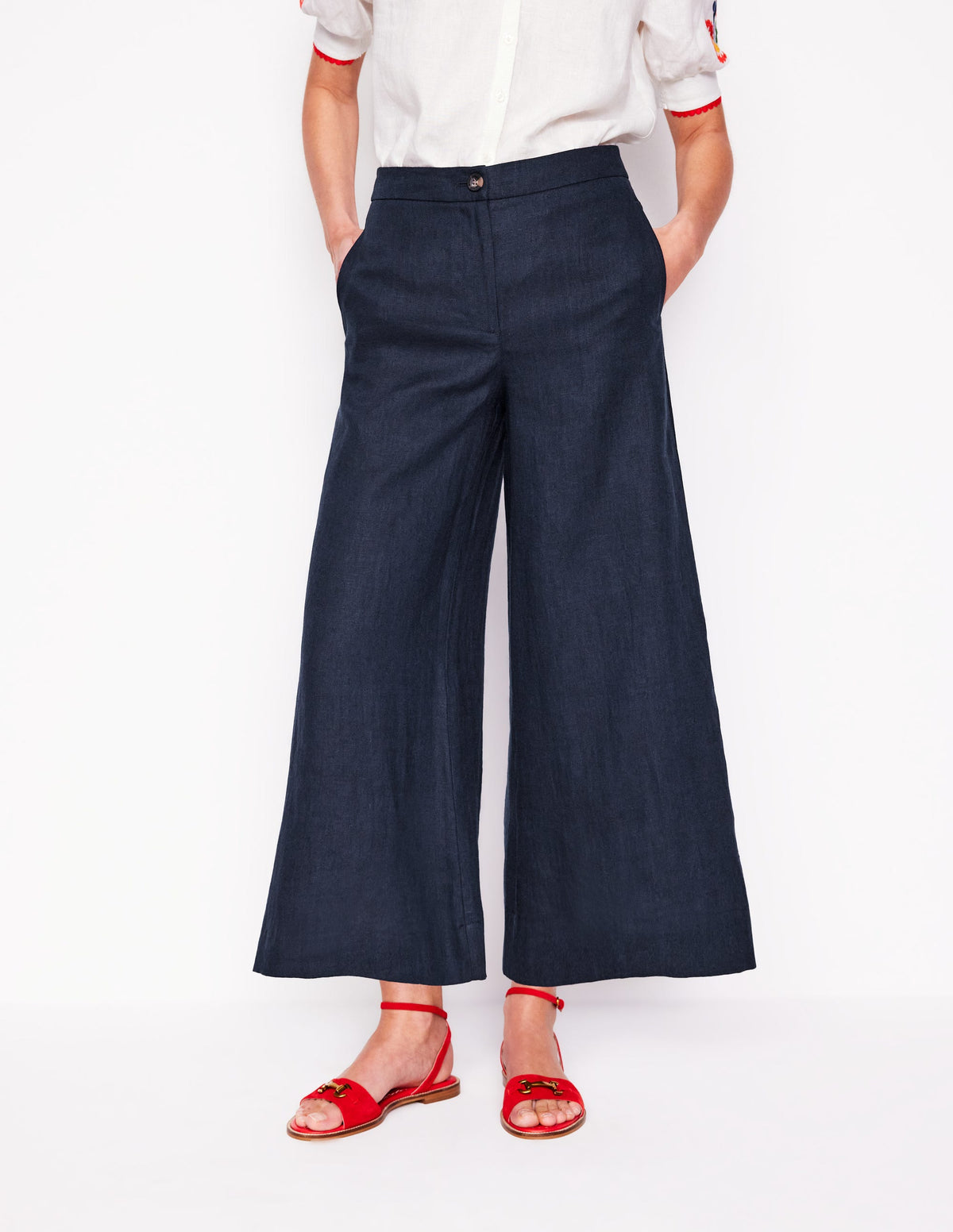 Wide Crop Linen Pants-Navy - Image 5