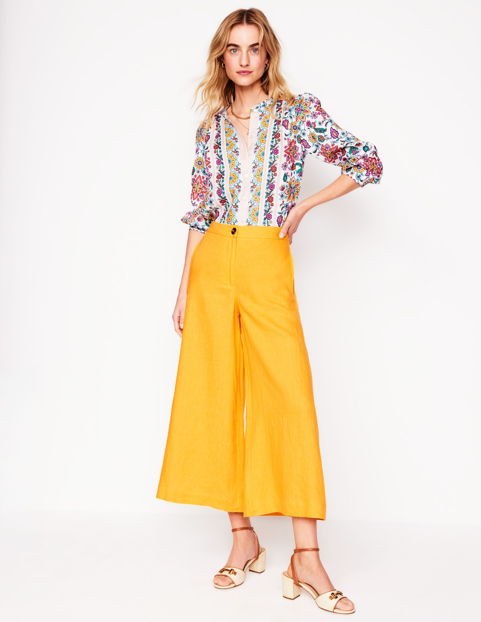 Wide Crop Linen Pants-Summers Sun Yellow - Image 1