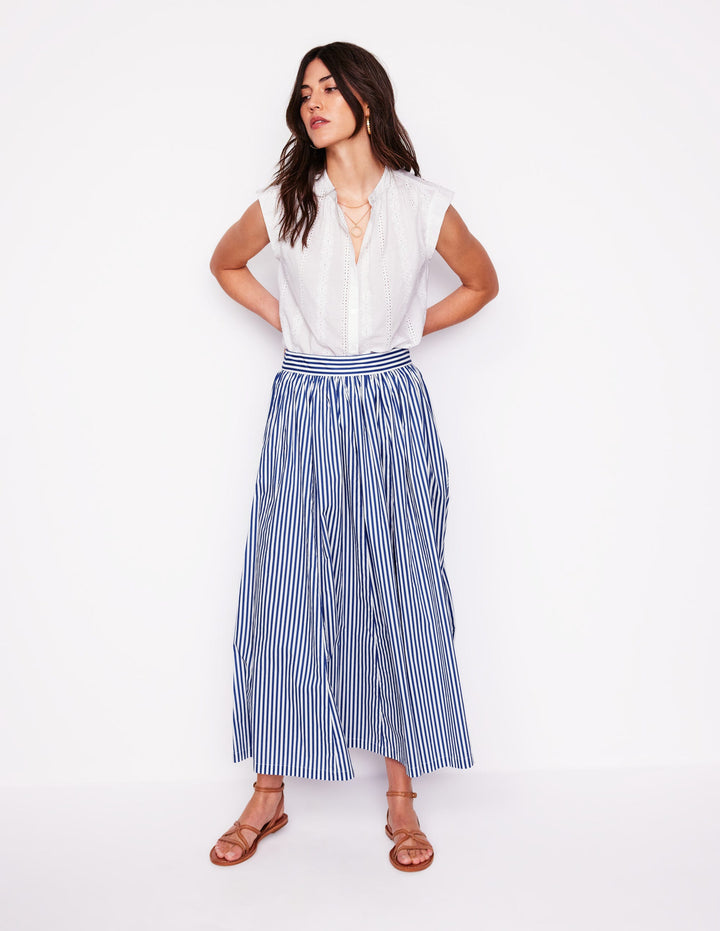 Full Poplin Maxi Skirt-Kingfisher Blue, Fine Stripe