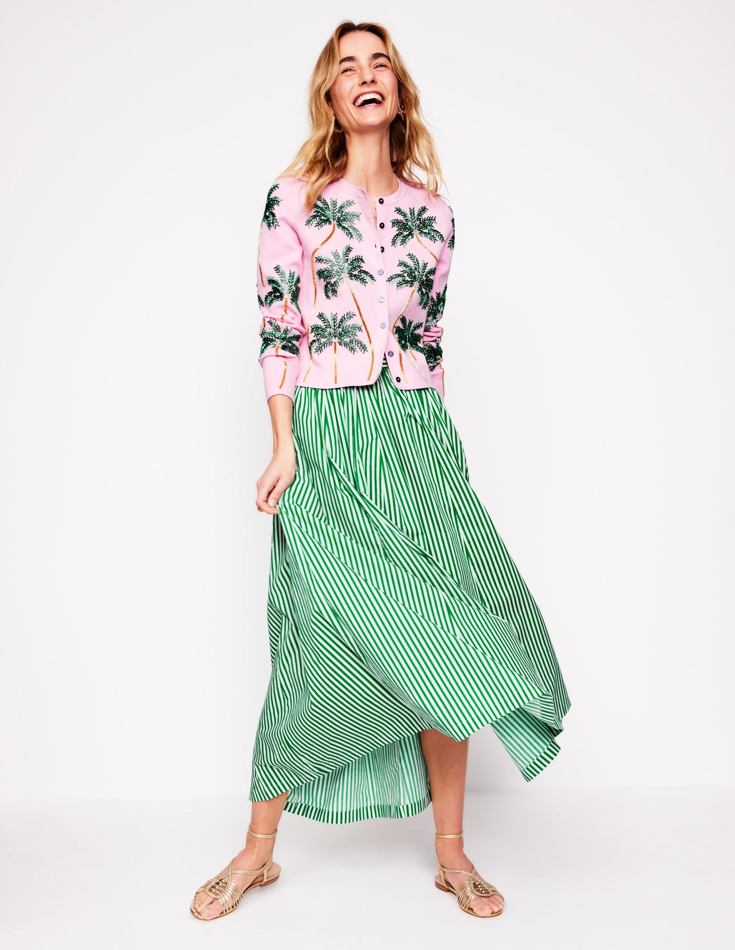 Full Poplin Maxi Skirt-Rich Emerald, Fine Stripe