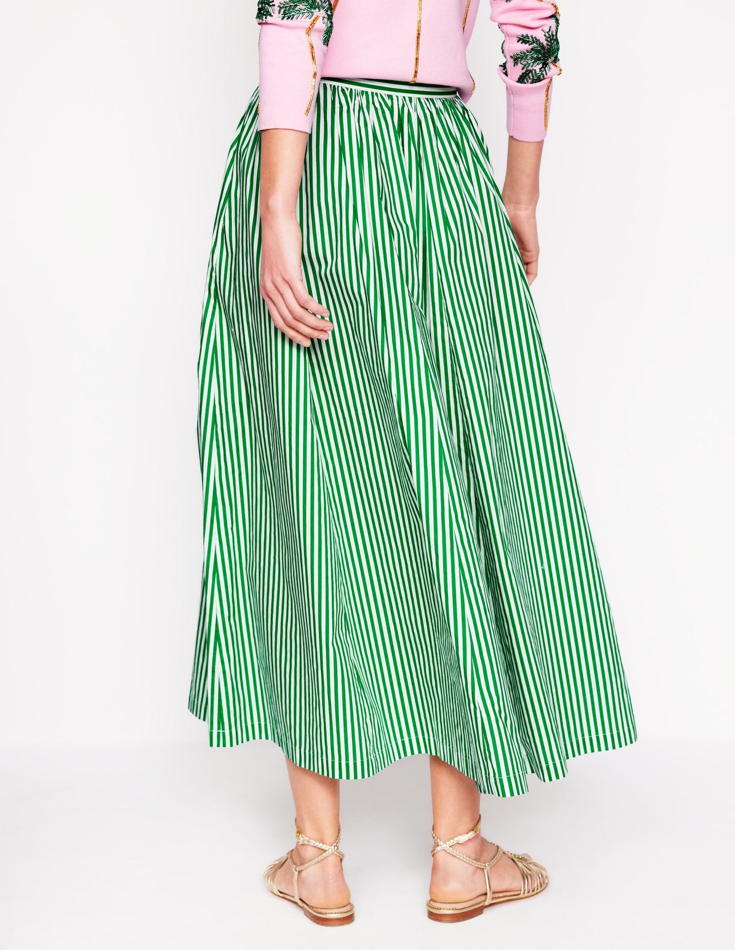Full Poplin Maxi Skirt-Rich Emerald, Fine Stripe