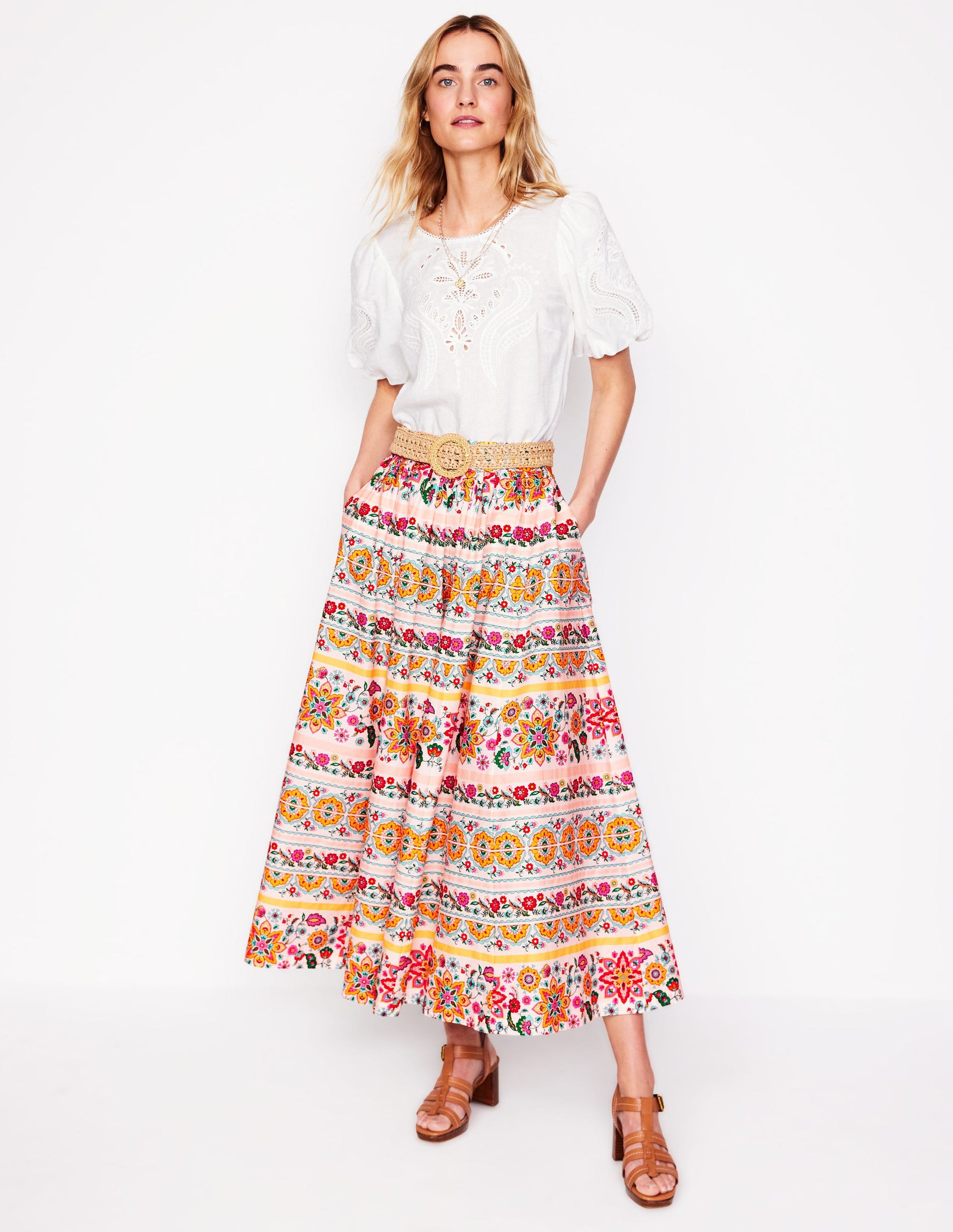 Full Poplin Maxi Skirt-Ivory, Botanical Sprig-1