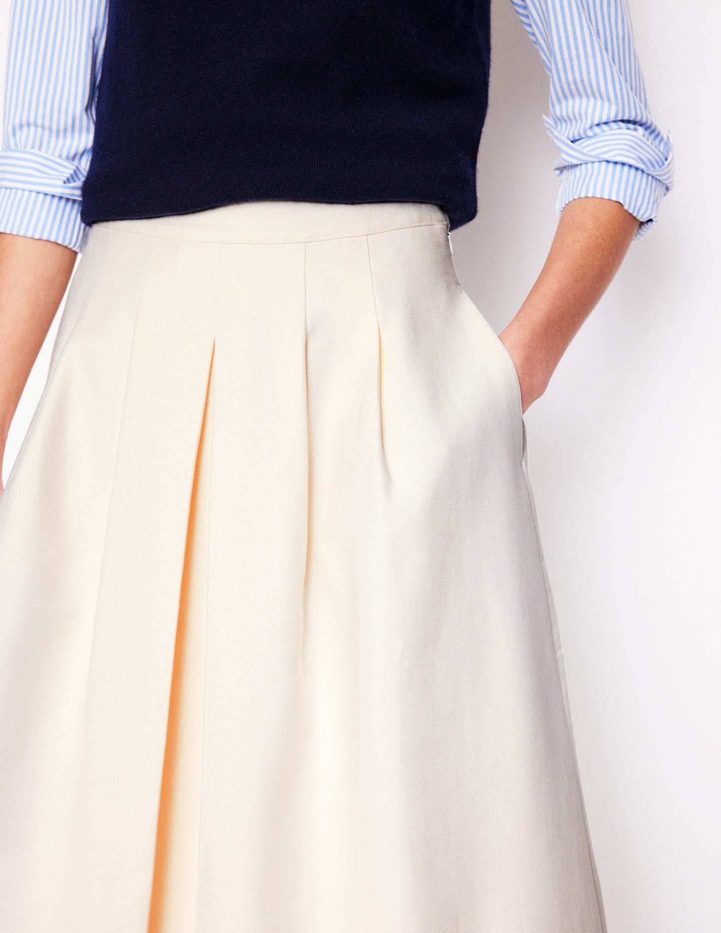 Pleat Detail Midi Skirt-Ivory