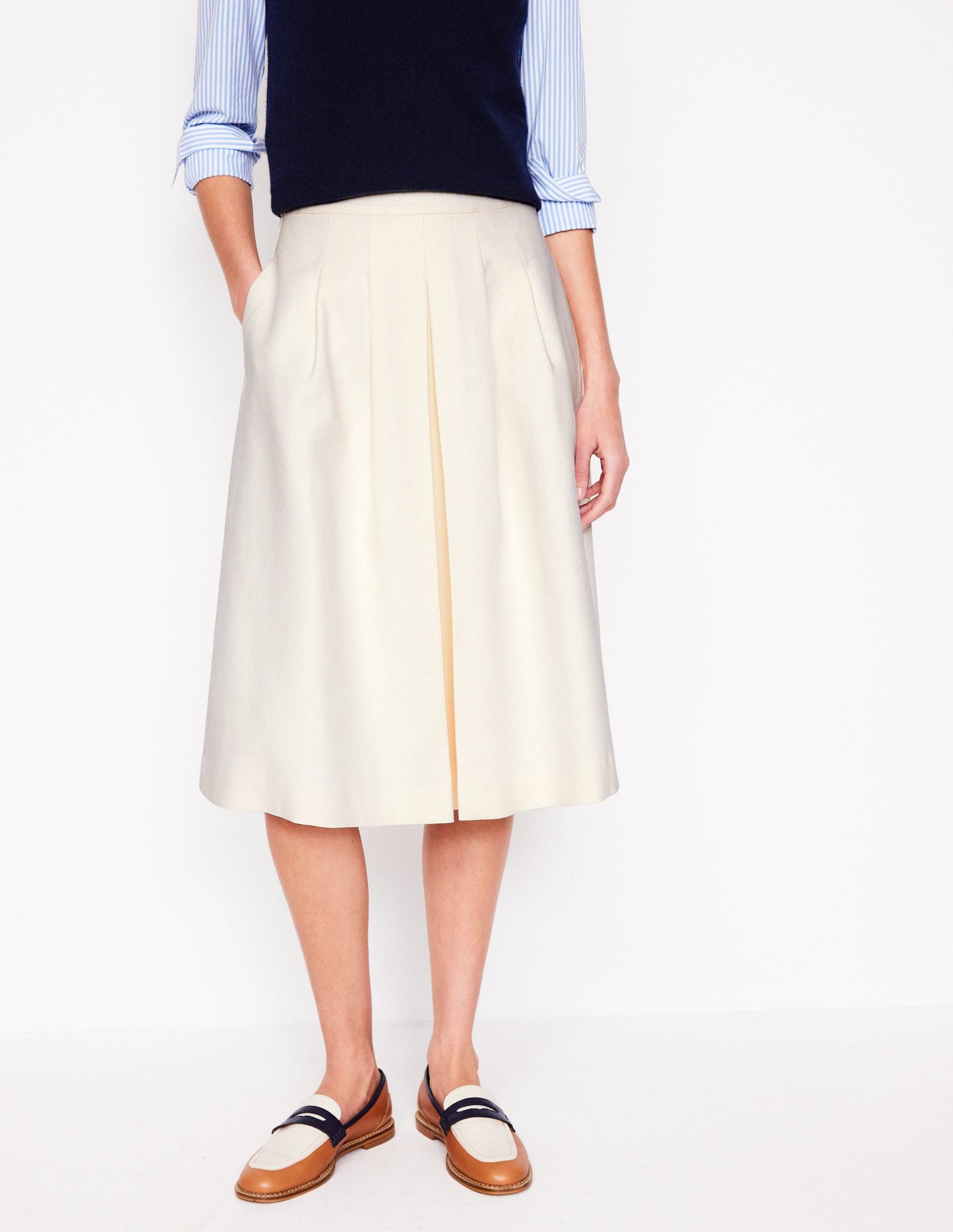 Pleat Detail Midi Skirt-Ivory