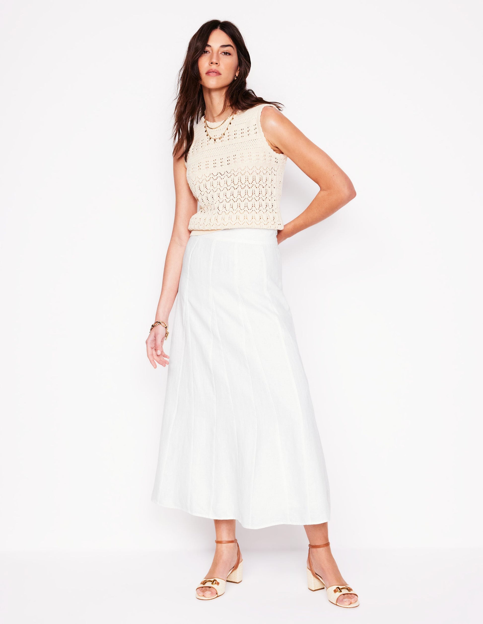 Linen Flippy Maxi Skirt-White-1