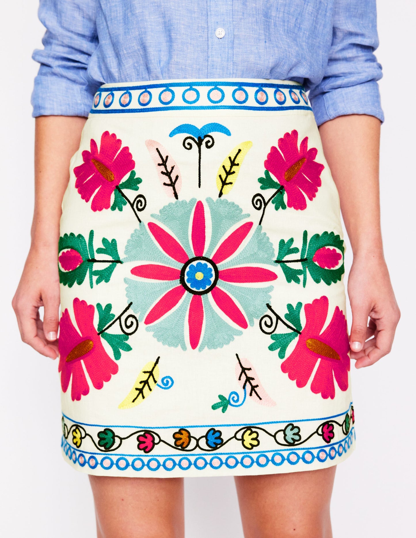 Aline Embroidered Linen Skirt-Ivory Embroidery