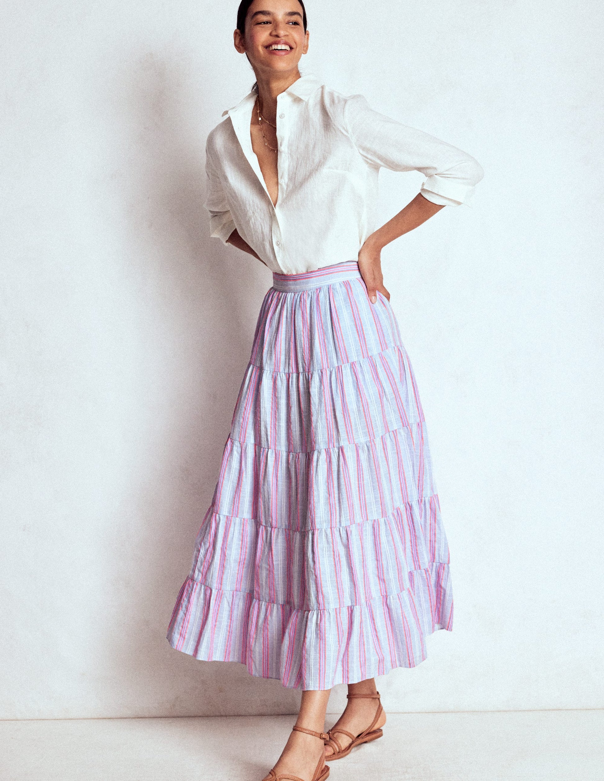 Tiered Poplin Midi Skirt-Metallic Stripe-1