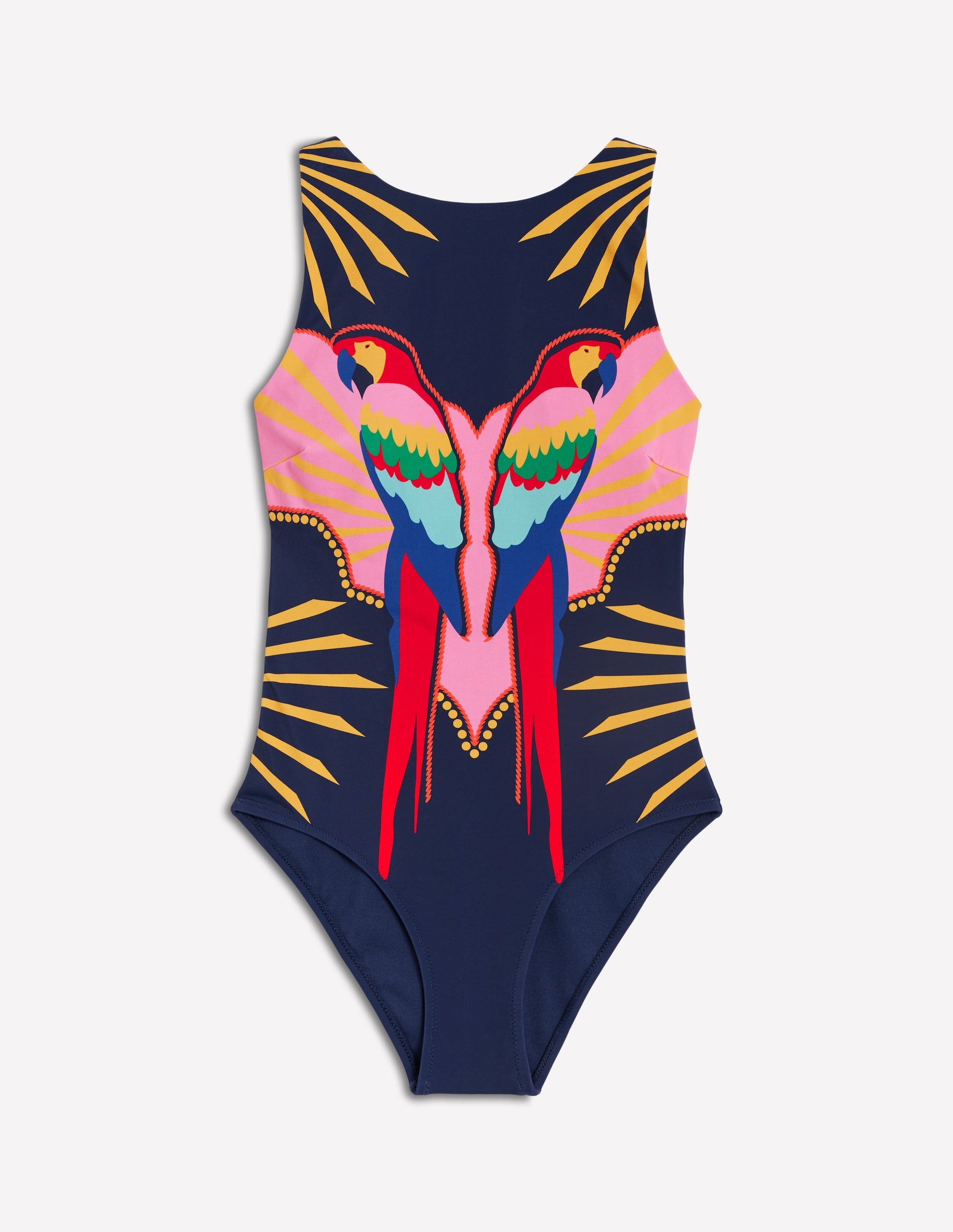 Slash Neck Tie Swimsuit-Navy Paradise Parrot-5