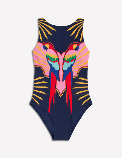 Slash Neck Tie Swimsuit-Navy Paradise Parrot-5